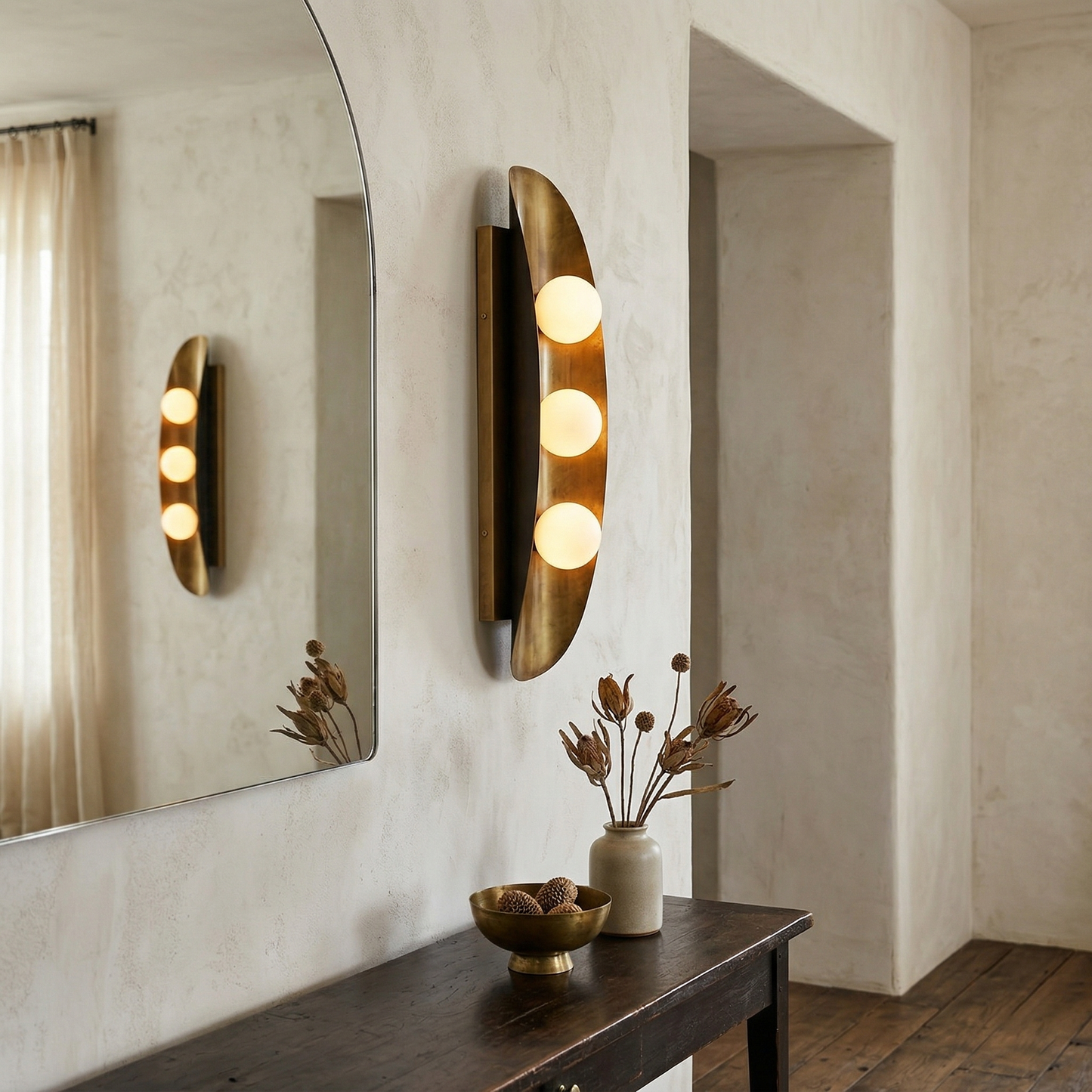 Hopper Wall Lamp - Mid-Century Brass & Opal Glass Sculptural Wall Sconce