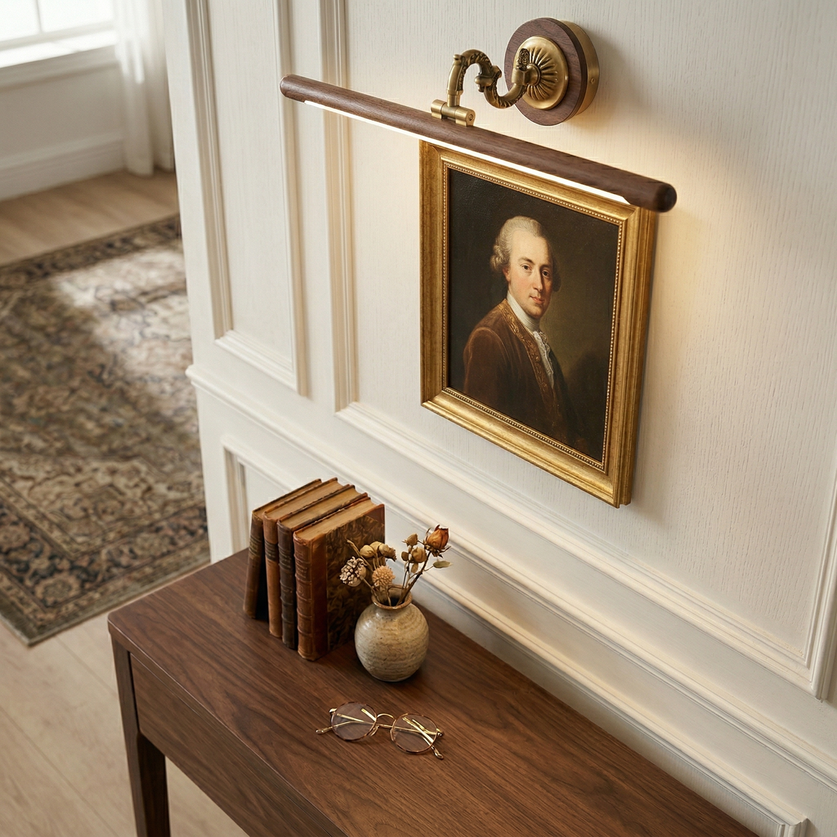Adjustable Picture Wall Lamp – Walnut Wood & Brass Art Display & Work Light