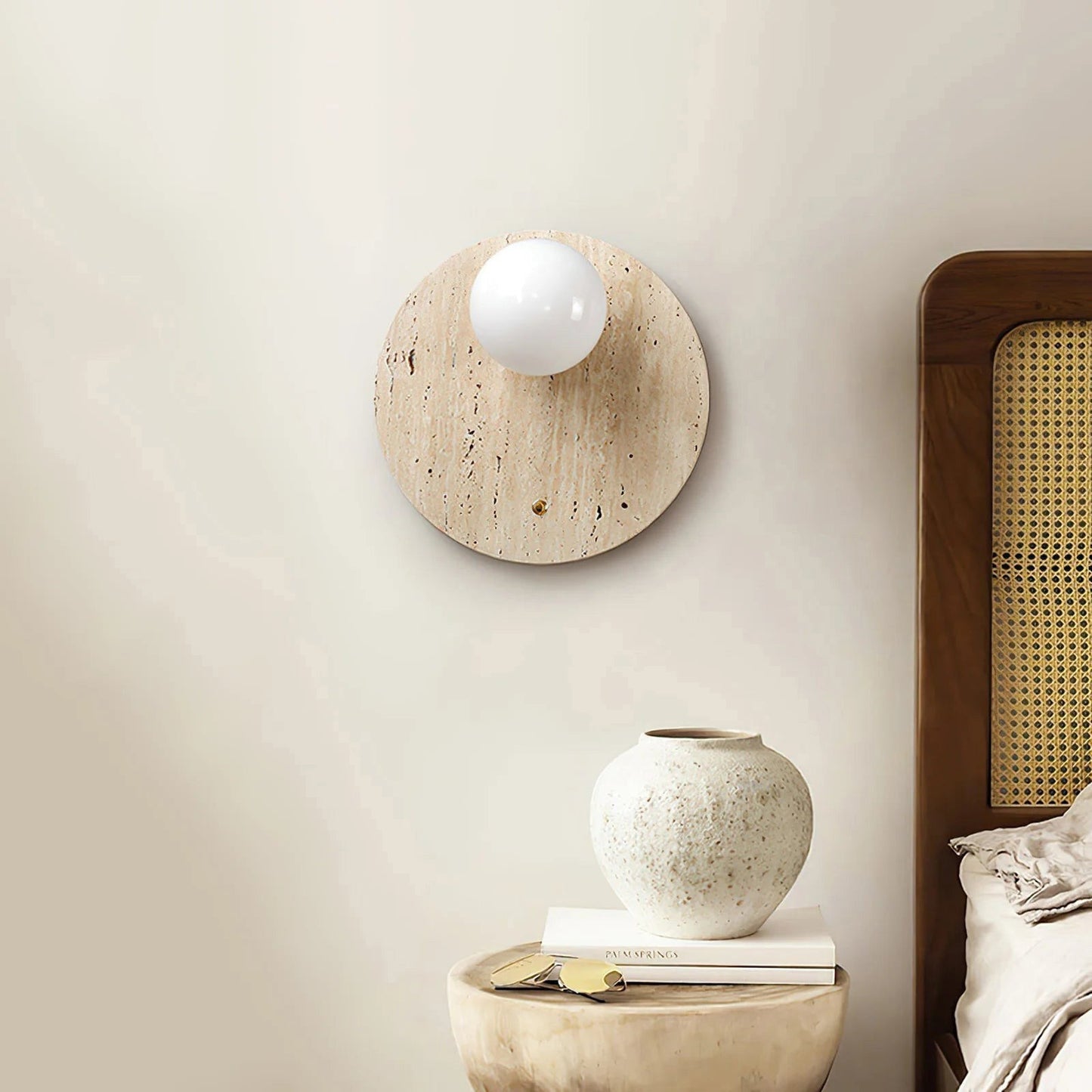 Wabi Travertine Wall Sconce - Natural Stone Eclipse Light | Wabi-Sabi Luxury LED Vanity Lamp | G9 Base