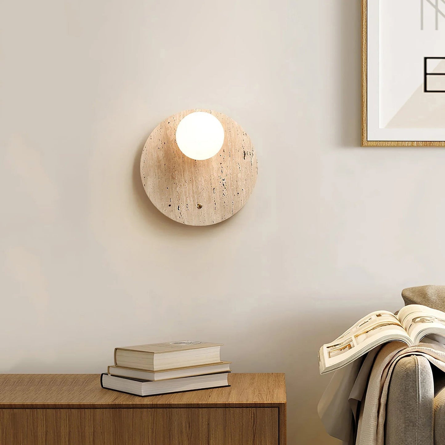 Wabi Travertine Wall Sconce - Natural Stone Eclipse Light | Wabi-Sabi Luxury LED Vanity Lamp | G9 Base