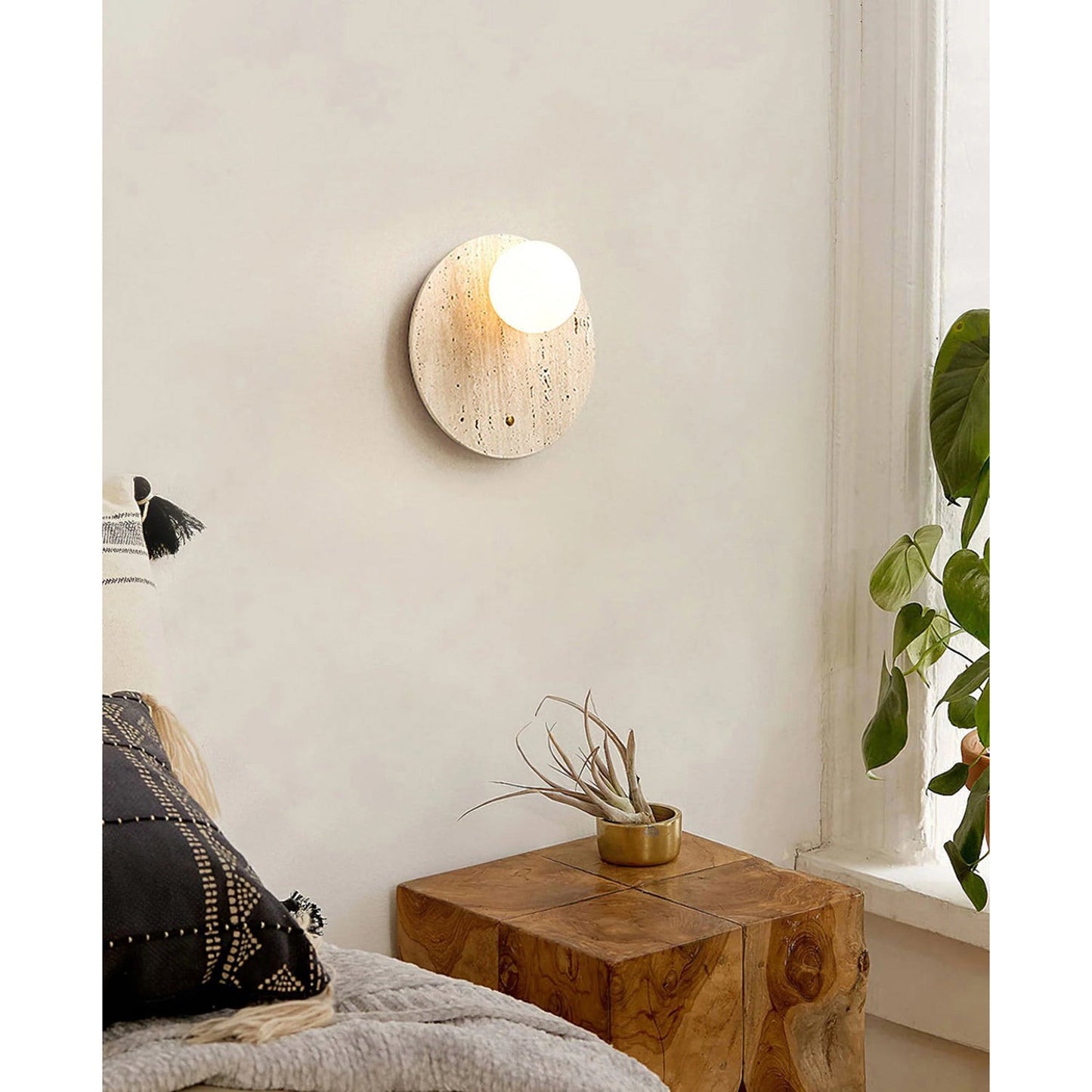 Wabi Travertine Wall Sconce - Natural Stone Eclipse Light | Wabi-Sabi Luxury LED Vanity Lamp | G9 Base