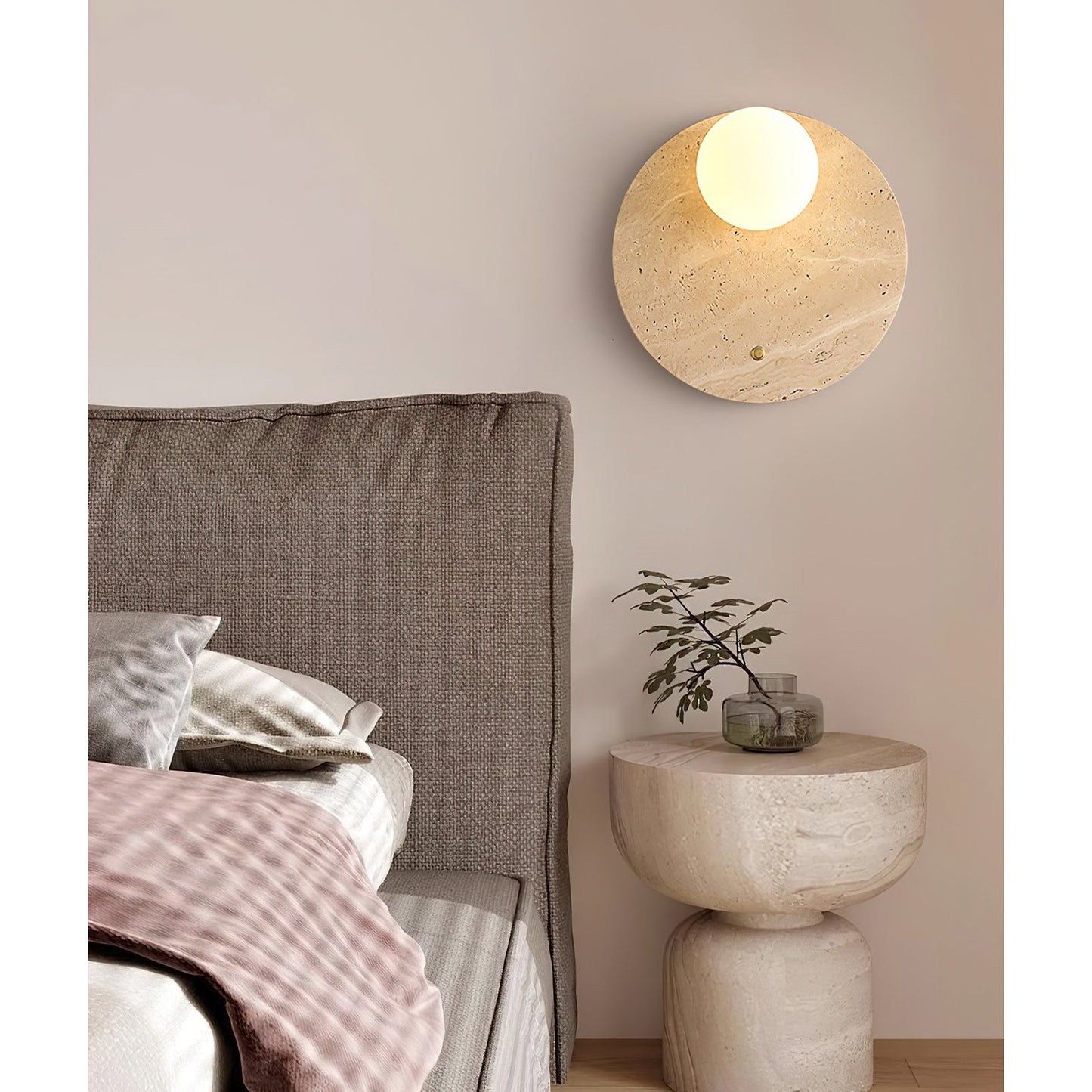Wabi Travertine Wall Sconce - Natural Stone Eclipse Light | Wabi-Sabi Luxury LED Vanity Lamp | G9 Base