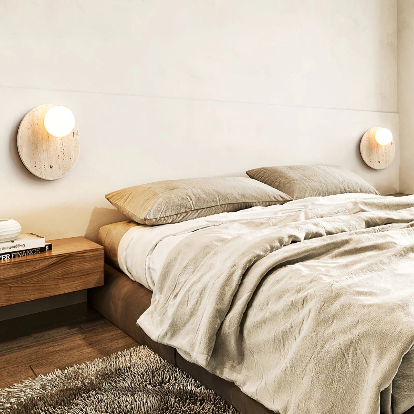 Wabi Travertine Wall Sconce - Natural Stone Eclipse Light | Wabi-Sabi Luxury LED Vanity Lamp | G9 Base