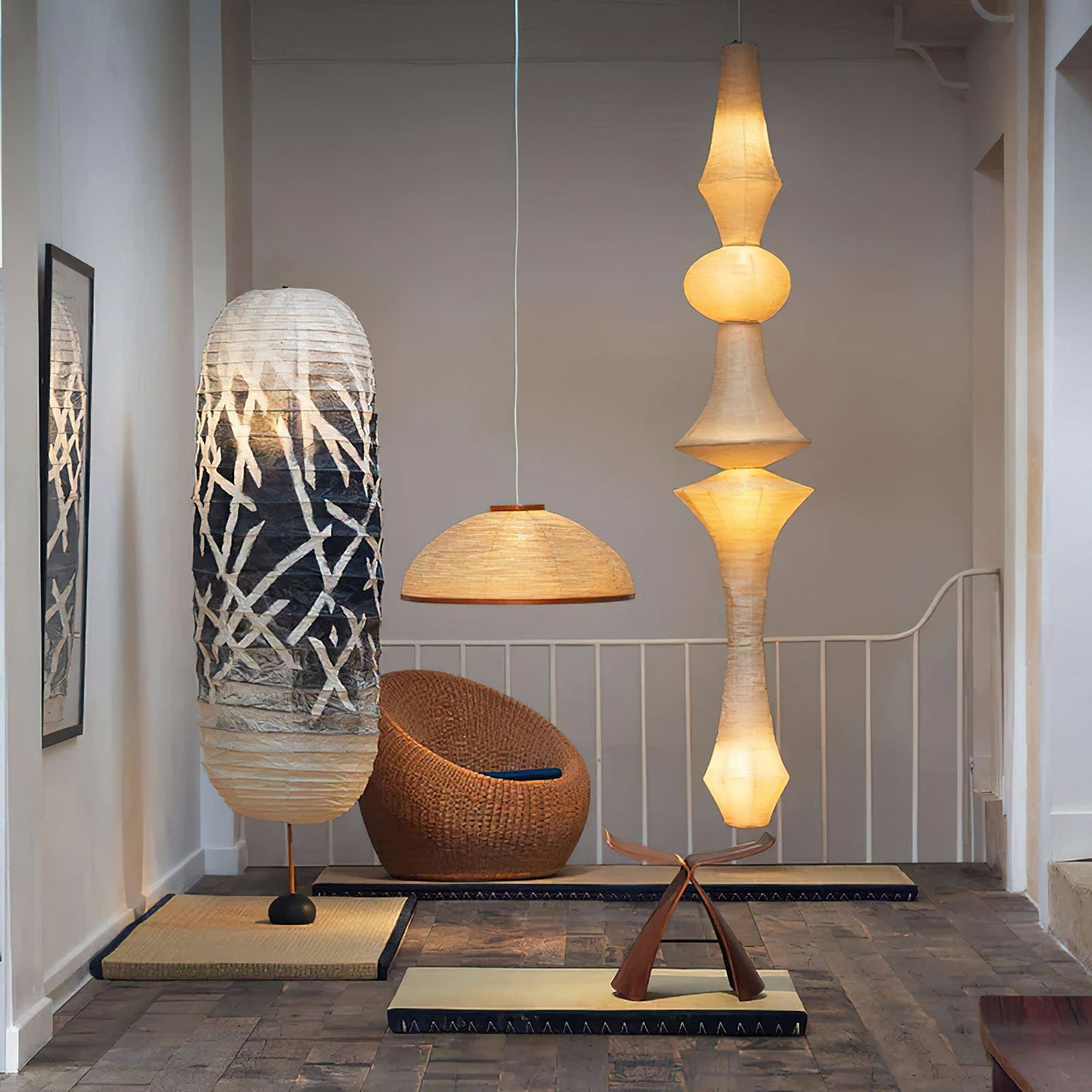 Washi Paper E Pendant Lamp - Sculptural Japanese Mulberry Paper Hanging Light | Hardwired Japandi Sconce