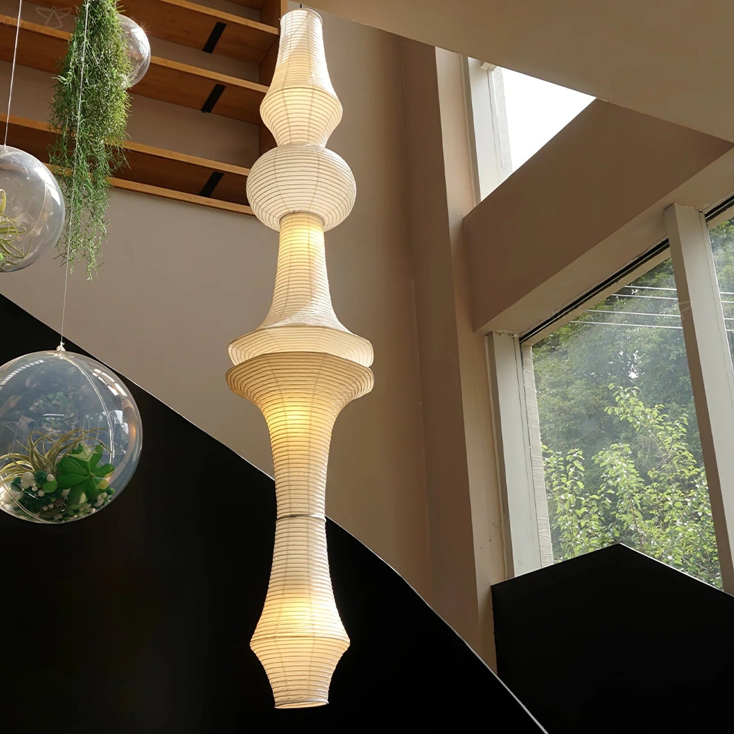 Washi Paper E Pendant Lamp - Sculptural Japanese Mulberry Paper Hanging Light | Hardwired Japandi Sconce
