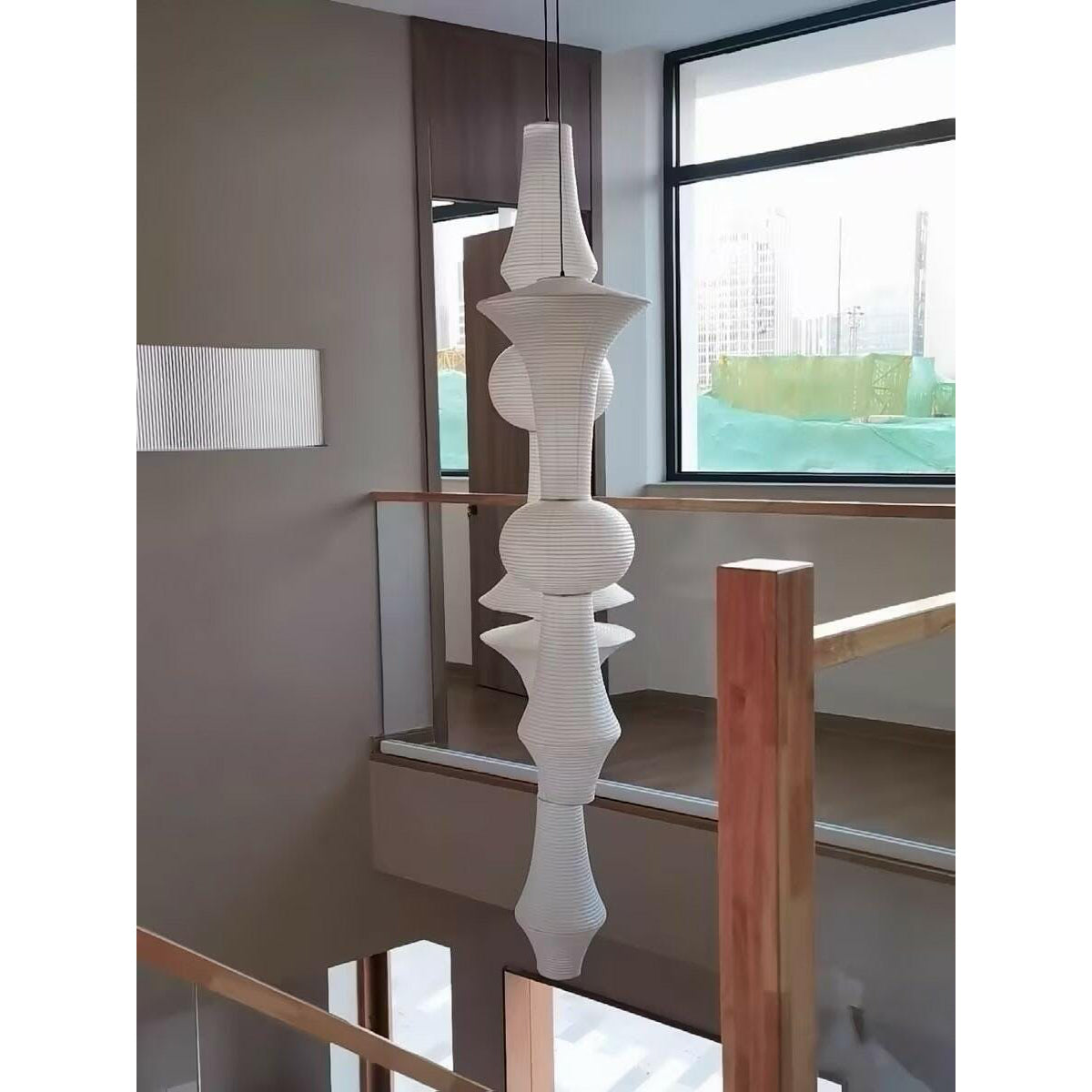 Washi Paper E Pendant Lamp - Sculptural Japanese Mulberry Paper Hanging Light | Hardwired Japandi Sconce