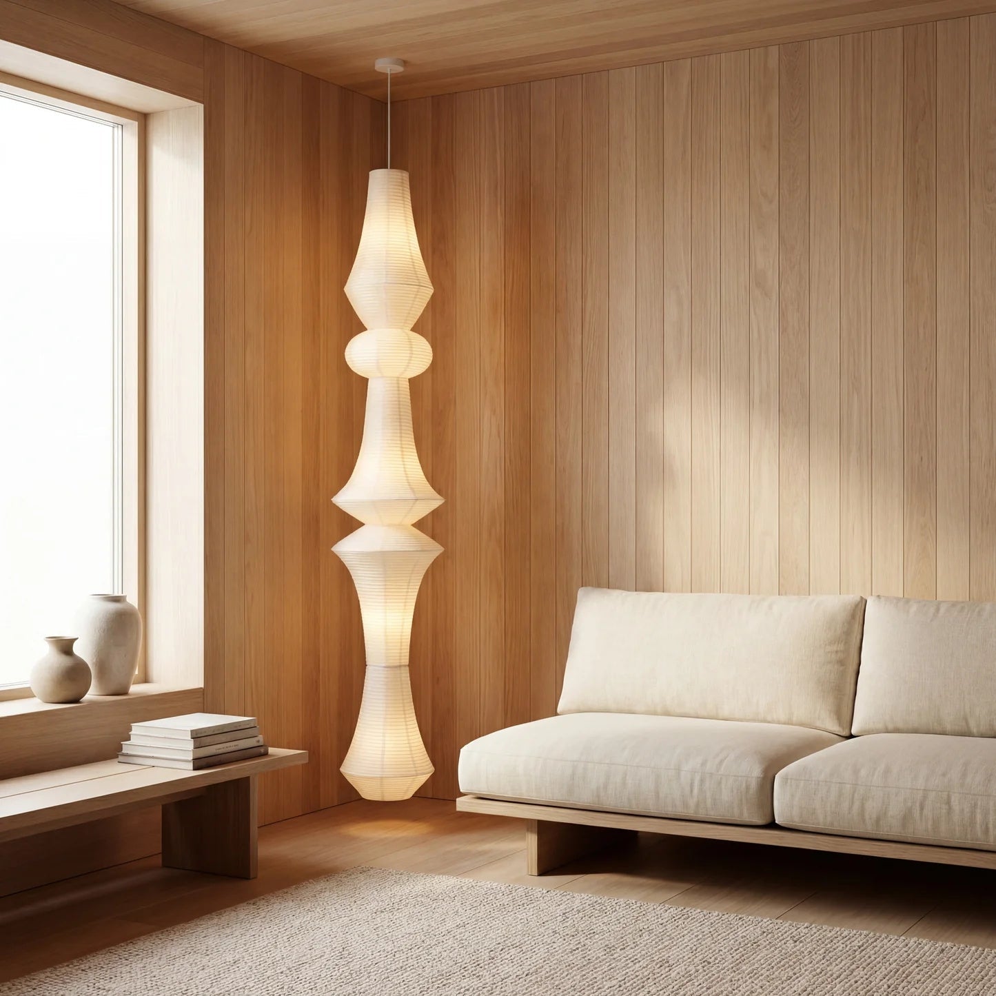 Washi Paper E Pendant Lamp - Sculptural Japanese Mulberry Paper Hanging Light | Hardwired Japandi Sconce