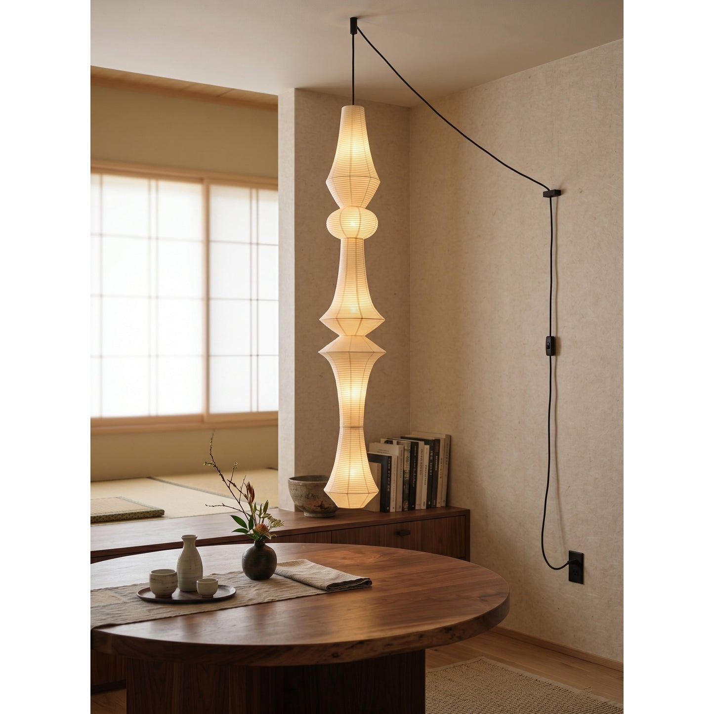 Washi Paper E Pendant Swag Lights - Japanese Mulberry Paper Hanging Lantern | Plug-in Swag Sconce with Inline Switch