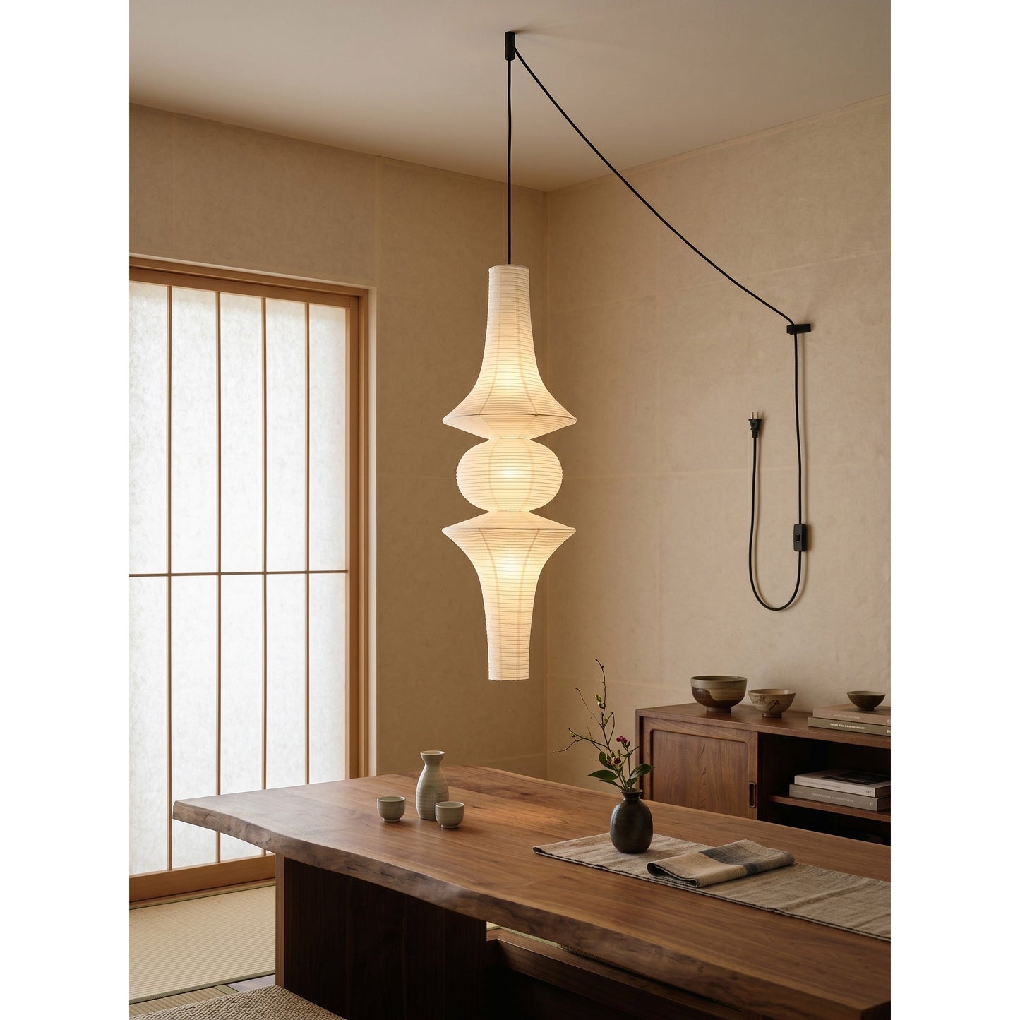 Washi Paper E Pendant Swag Lights - Japanese Mulberry Paper Hanging Lantern | Plug-in Swag Sconce with Inline Switch