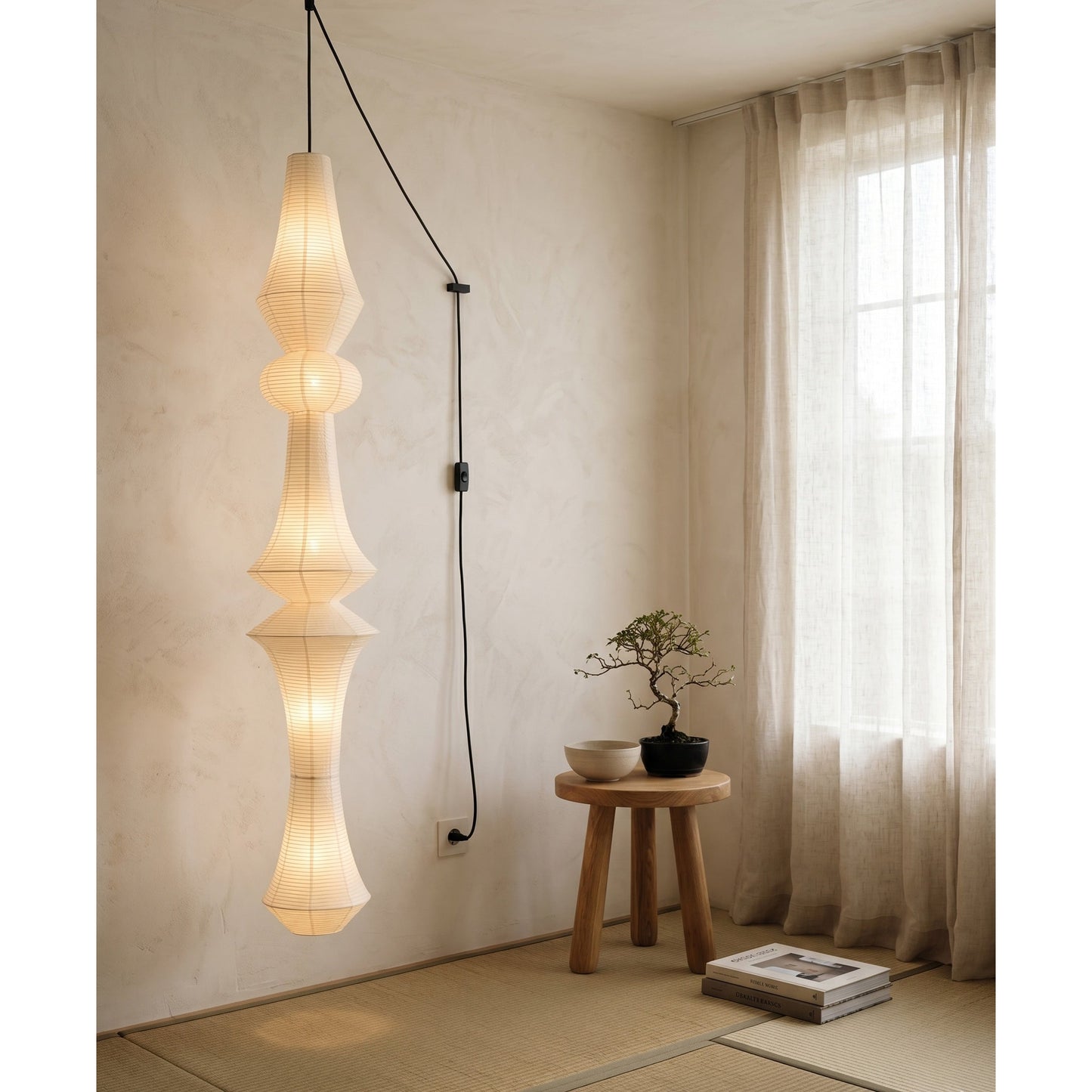 Washi Paper E Pendant Swag Lights - Japanese Mulberry Paper Hanging Lantern | Plug-in Swag Sconce with Inline Switch