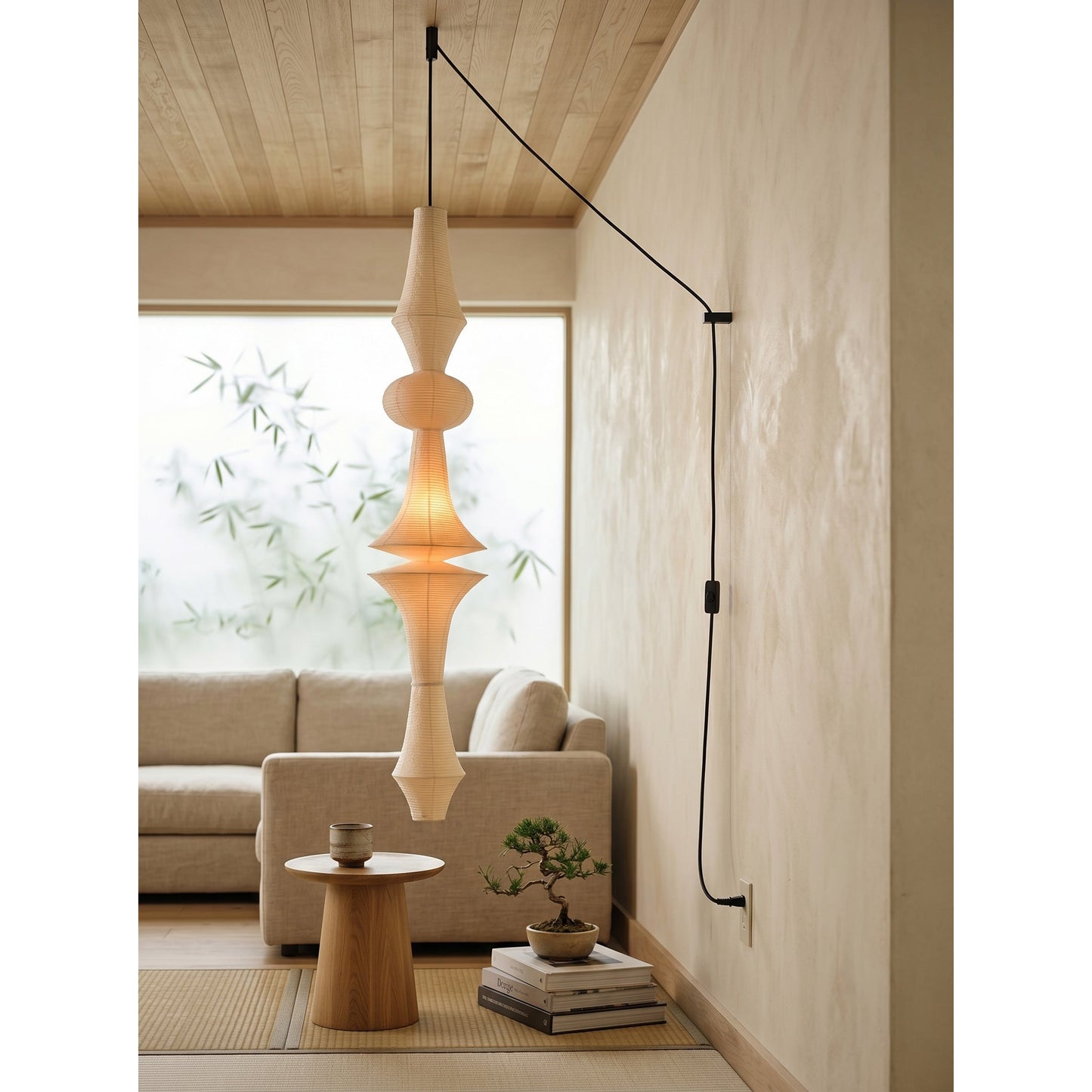 Washi Paper E Pendant Swag Lights - Japanese Mulberry Paper Hanging Lantern | Plug-in Swag Sconce with Inline Switch