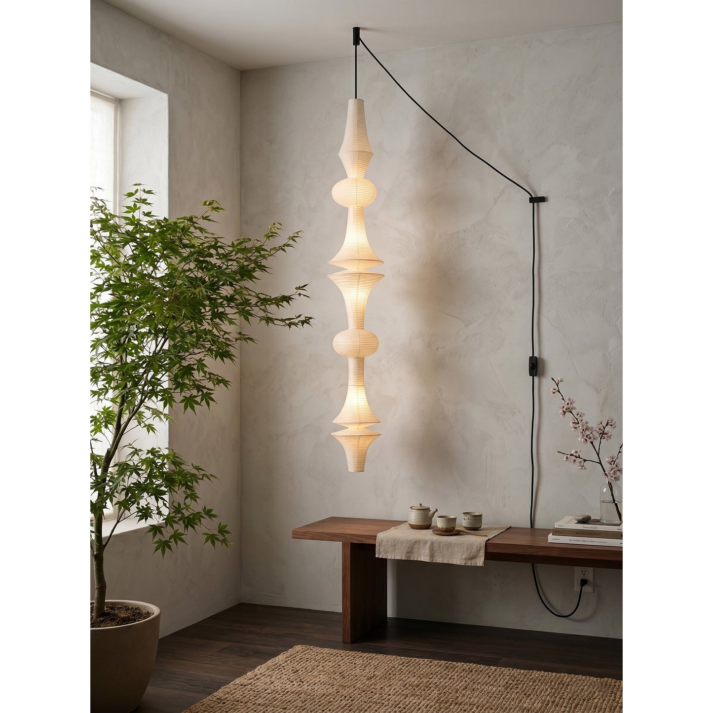 Washi Paper E Pendant Swag Lights - Japanese Mulberry Paper Hanging Lantern | Plug-in Swag Sconce with Inline Switch
