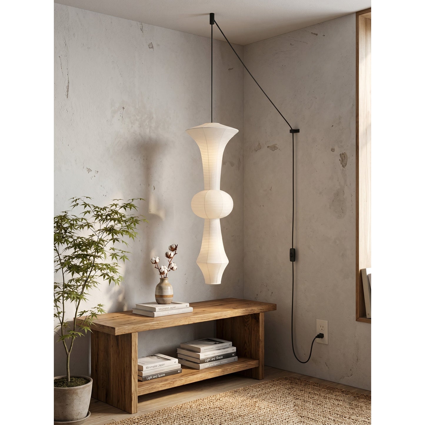Washi Paper E Pendant Swag Lights - Japanese Mulberry Paper Hanging Lantern | Plug-in Swag Sconce with Inline Switch