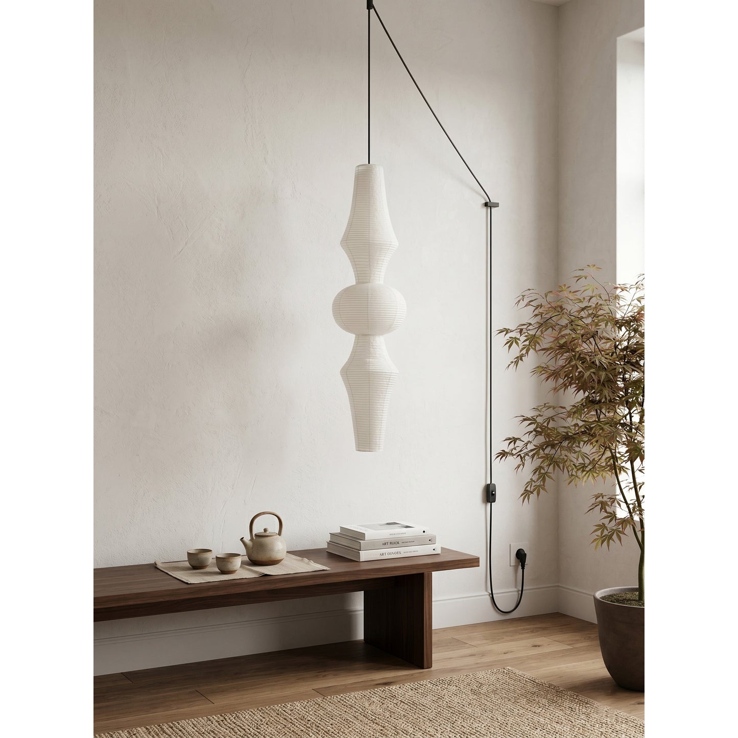 Washi Paper E Pendant Swag Lights - Japanese Mulberry Paper Hanging Lantern | Plug-in Swag Sconce with Inline Switch