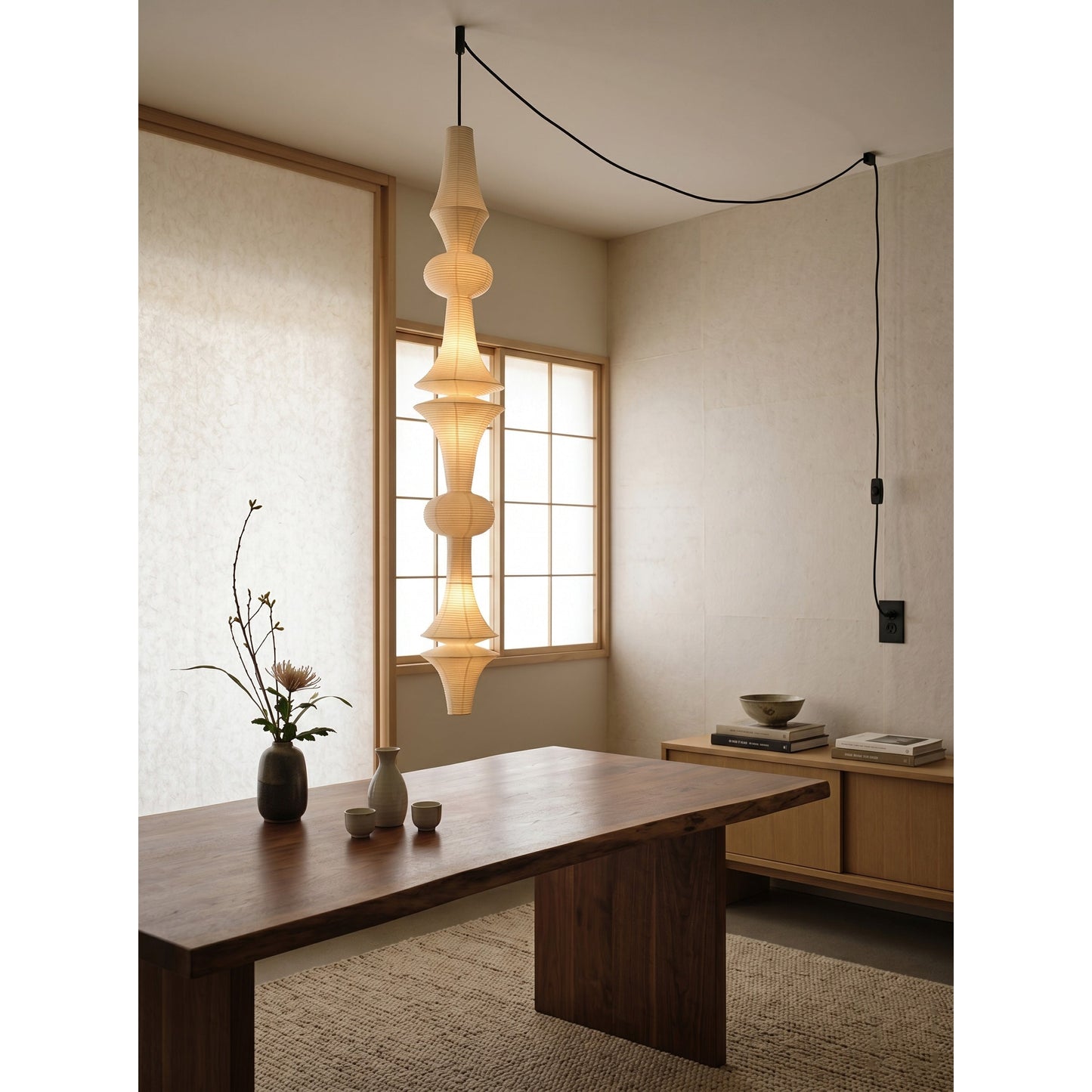 Washi Paper E Pendant Swag Lights - Japanese Mulberry Paper Hanging Lantern | Plug-in Swag Sconce with Inline Switch