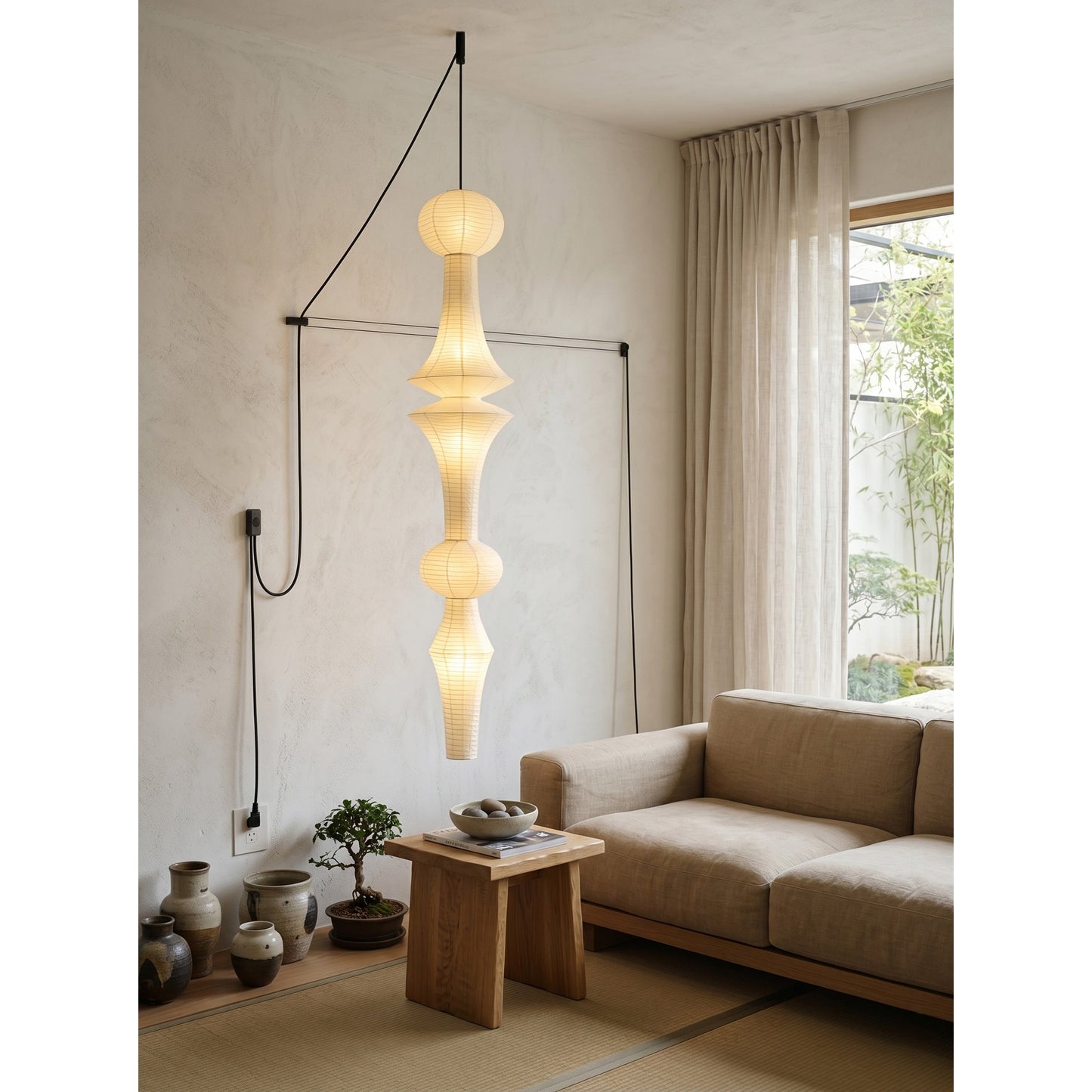 Washi Paper E Pendant Swag Lights - Japanese Mulberry Paper Hanging Lantern | Plug-in Swag Sconce with Inline Switch