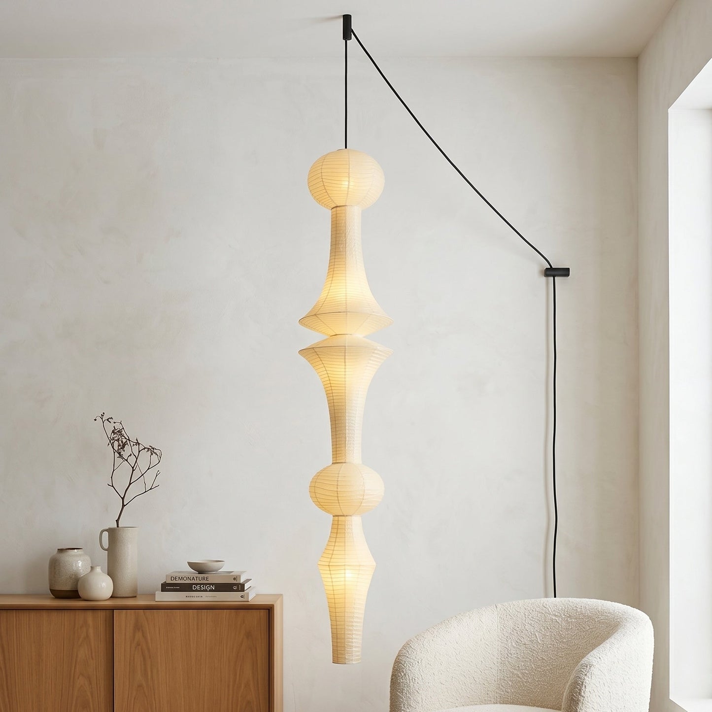Washi Paper E Pendant Swag Lights - Japanese Mulberry Paper Hanging Lantern | Plug-in Swag Sconce with Inline Switch