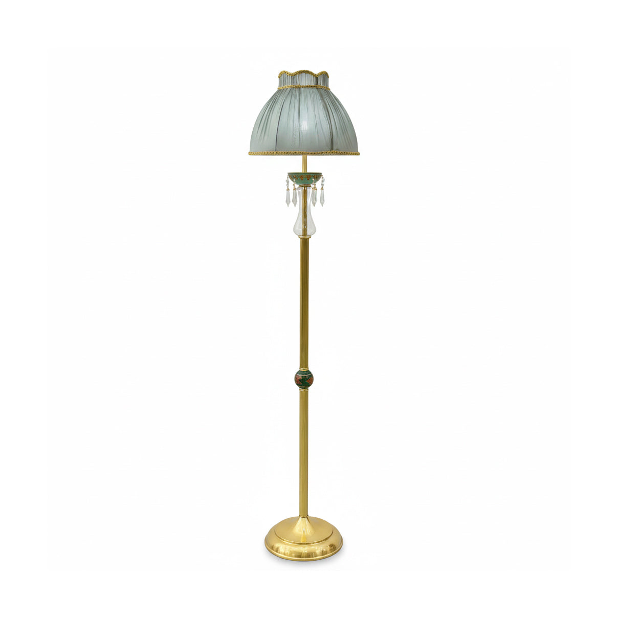 Waterford Floor Lamp - Brass & Ceramic Stand Sconce | Verdant Green Fabric Shade with Crystal Accents