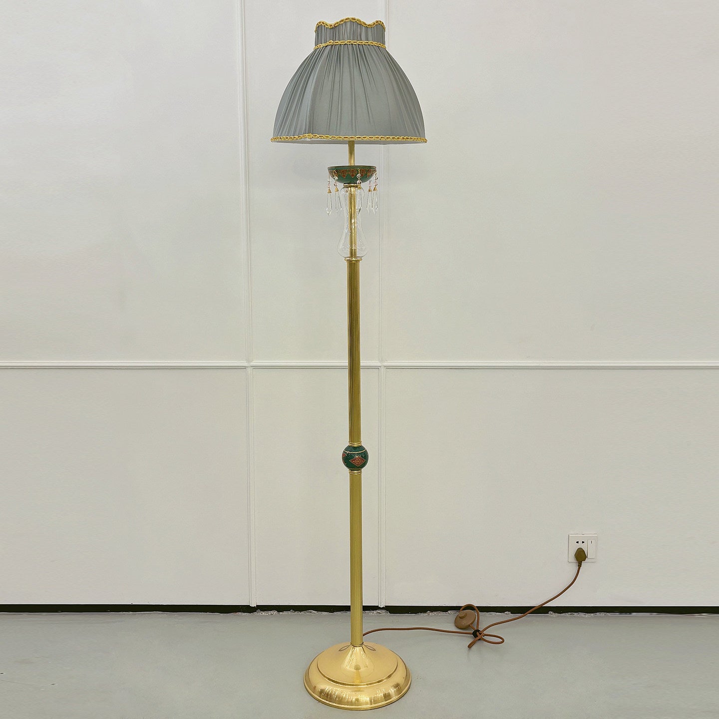 Waterford Floor Lamp - Brass & Ceramic Stand Sconce | Verdant Green Fabric Shade with Crystal Accents