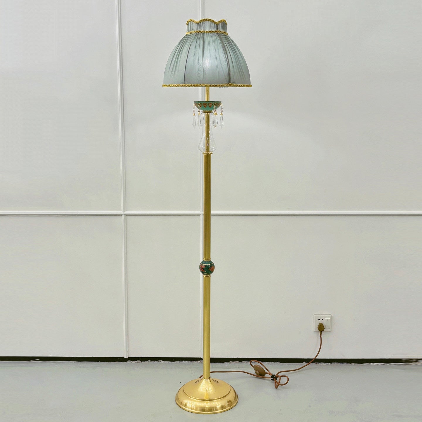 Waterford Floor Lamp - Brass & Ceramic Stand Sconce | Verdant Green Fabric Shade with Crystal Accents