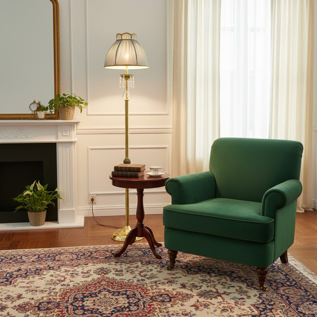 Waterford Floor Lamp - Brass & Ceramic Stand Sconce | Verdant Green Fabric Shade with Crystal Accents