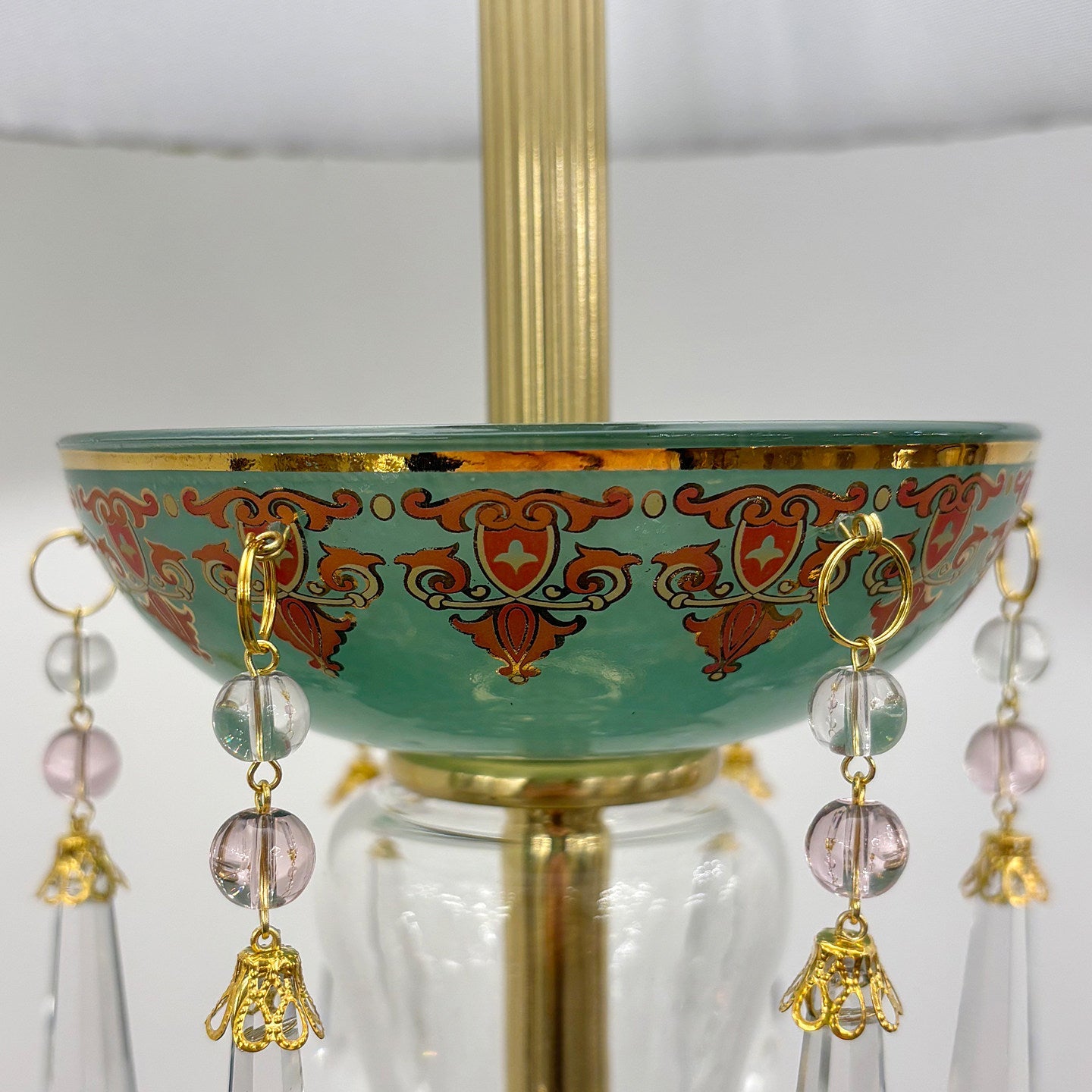 Waterford Floor Lamp - Brass & Ceramic Stand Sconce | Verdant Green Fabric Shade with Crystal Accents