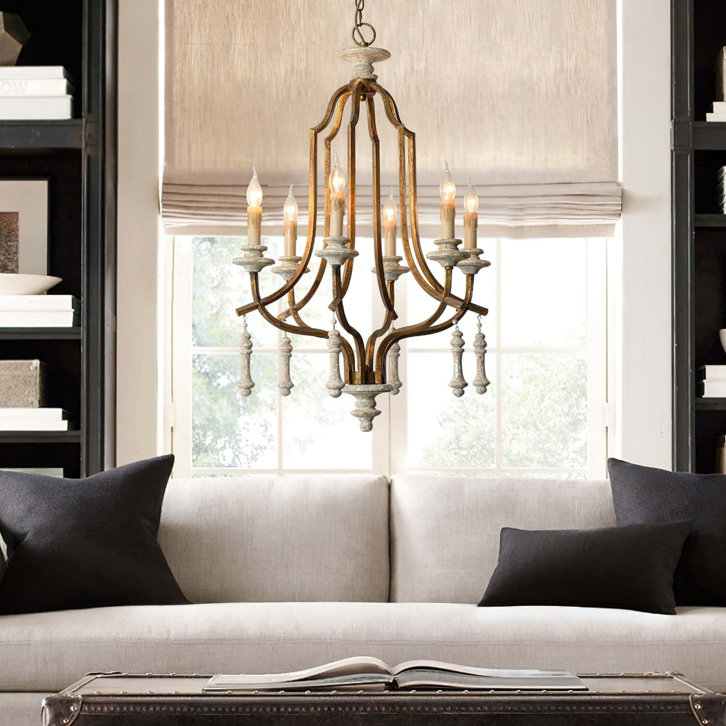 Waterloo Chandelier - French Empire Bent Wood & Metal Caged Pendant Light | 6-Light Vintage Antique Gray Sconce