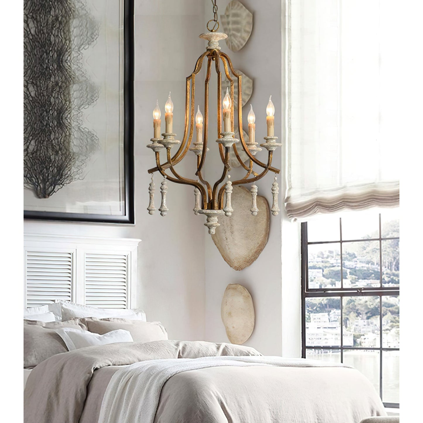 Waterloo Chandelier - French Empire Bent Wood & Metal Caged Pendant Light | 6-Light Vintage Antique Gray Sconce