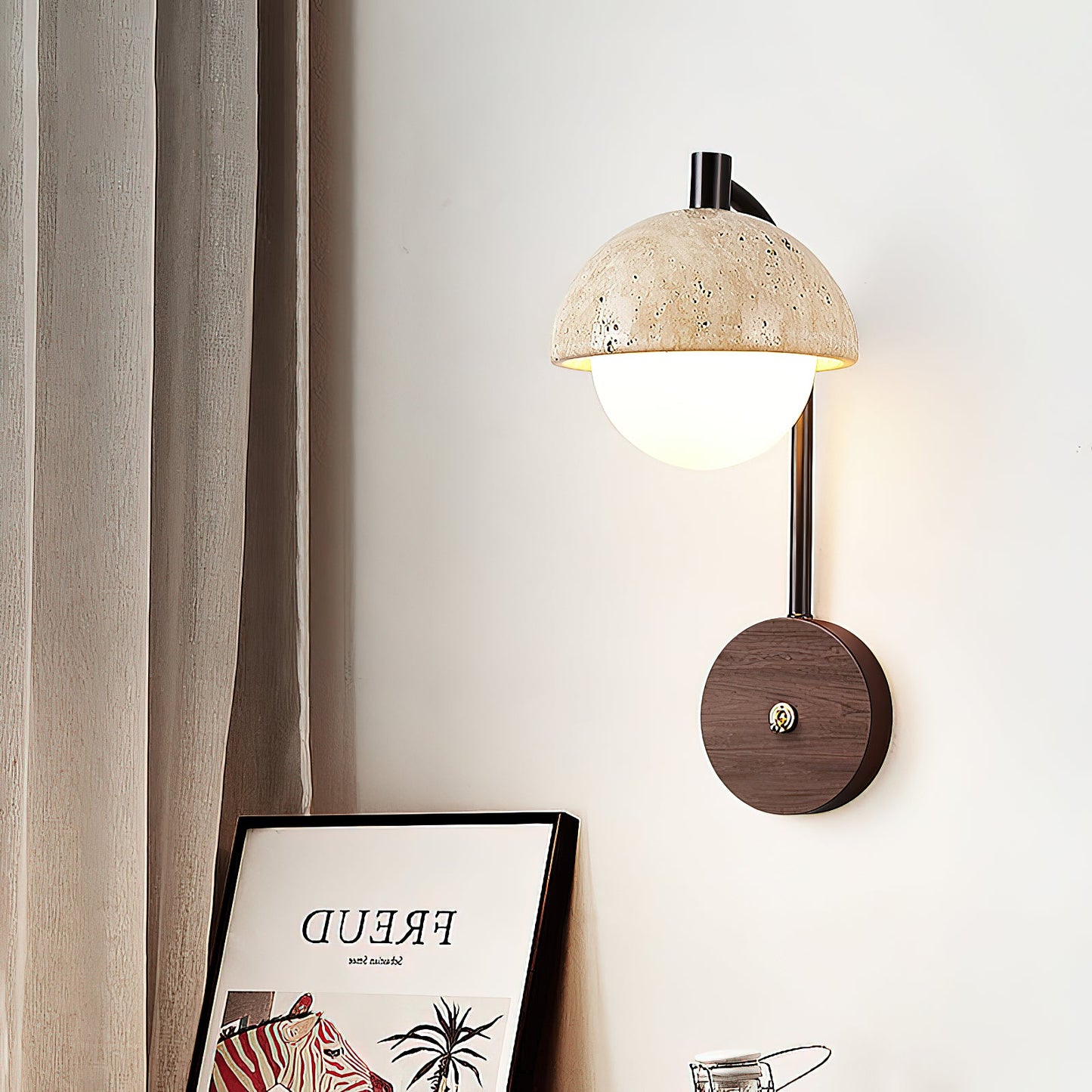 Wella Travertine Wall Sconce - Natural Stone & Glass Luxury LED Vanity Light | Modern Organic Bedside Sconce | G9 Base