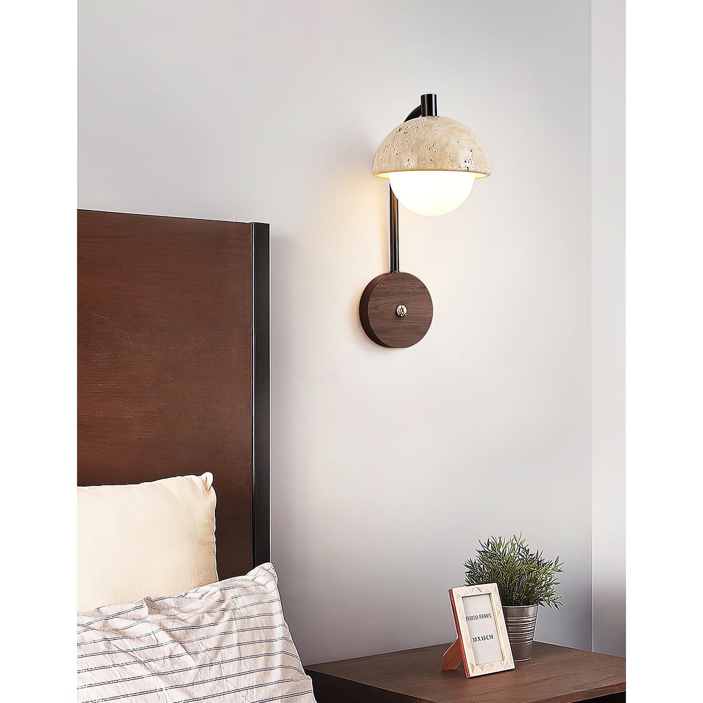 Wella Travertine Wall Sconce - Natural Stone & Glass Luxury LED Vanity Light | Modern Organic Bedside Sconce | G9 Base