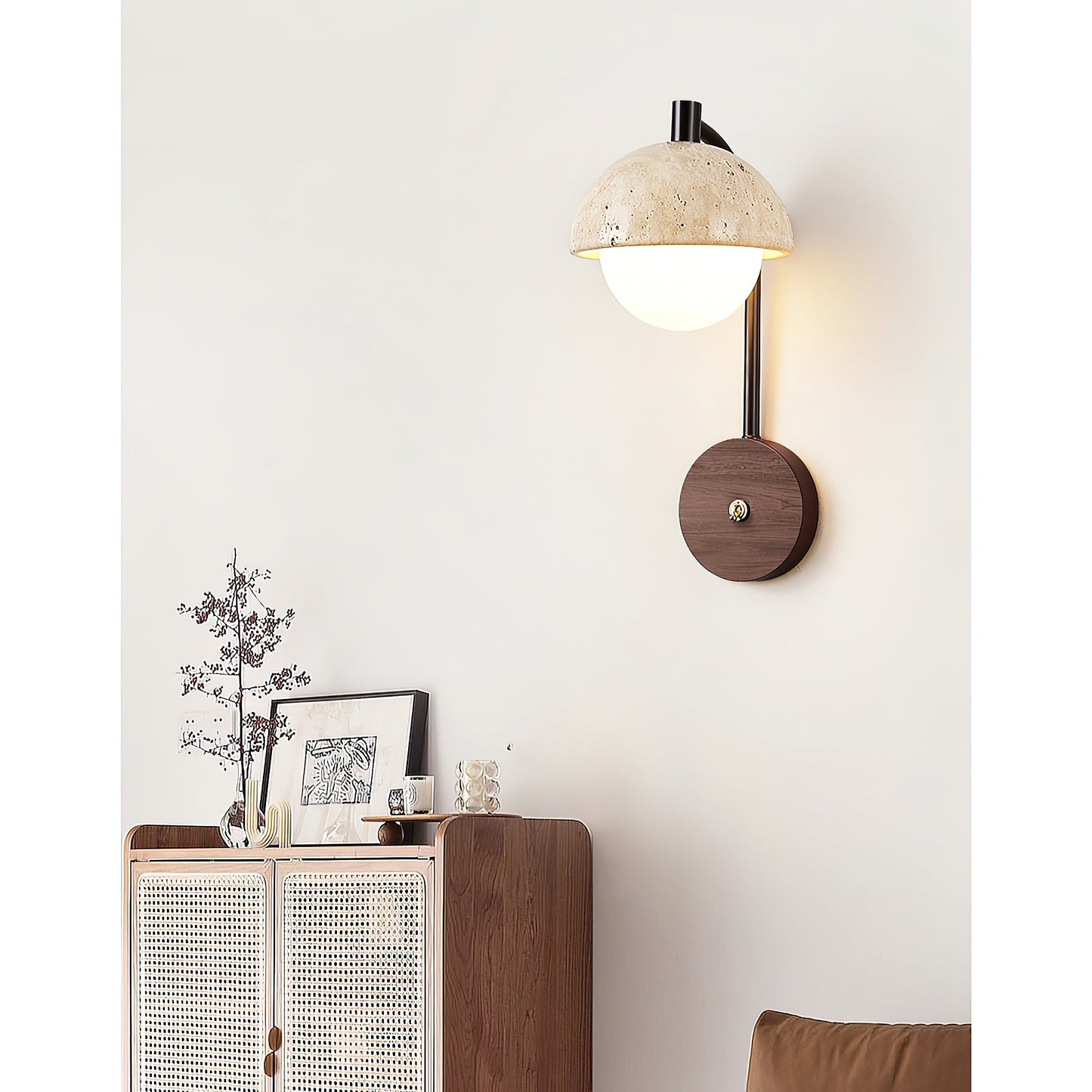 Wella Travertine Wall Sconce - Natural Stone & Glass Luxury LED Vanity Light | Modern Organic Bedside Sconce | G9 Base