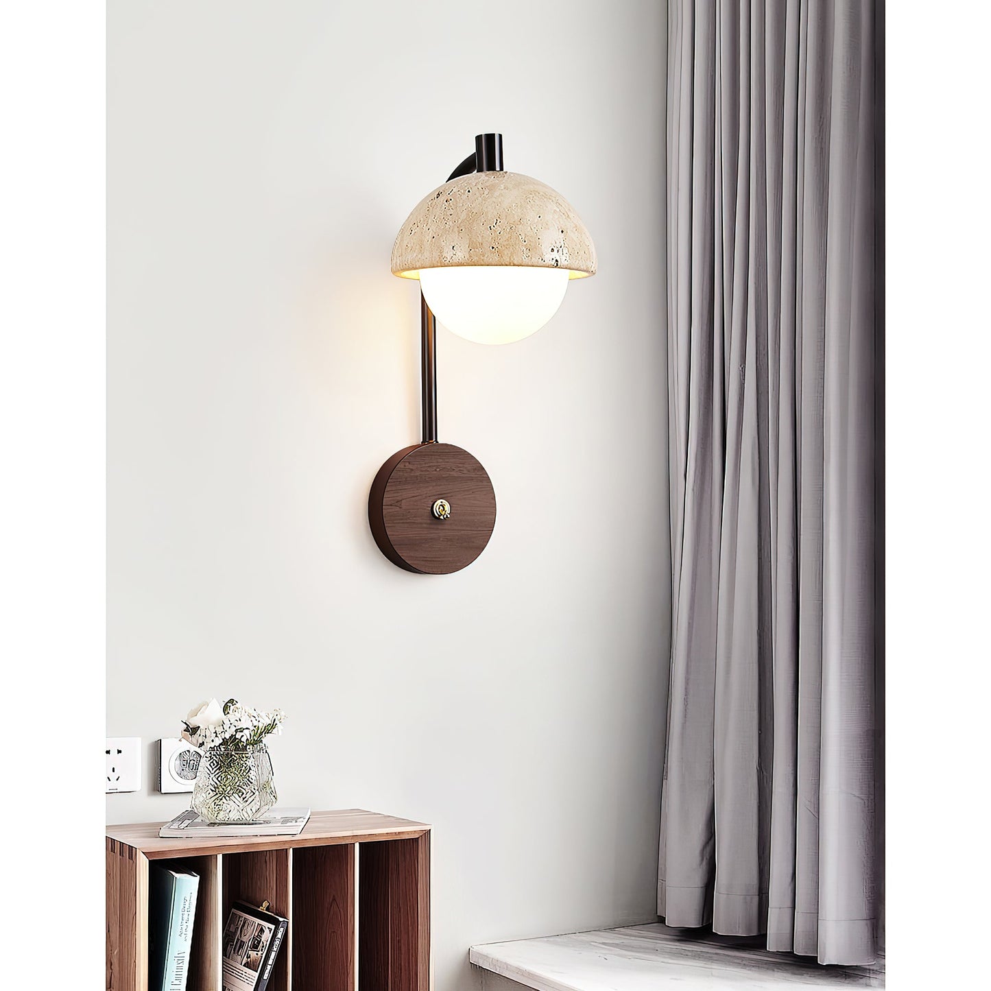 Wella Travertine Wall Sconce - Natural Stone & Glass Luxury LED Vanity Light | Modern Organic Bedside Sconce | G9 Base