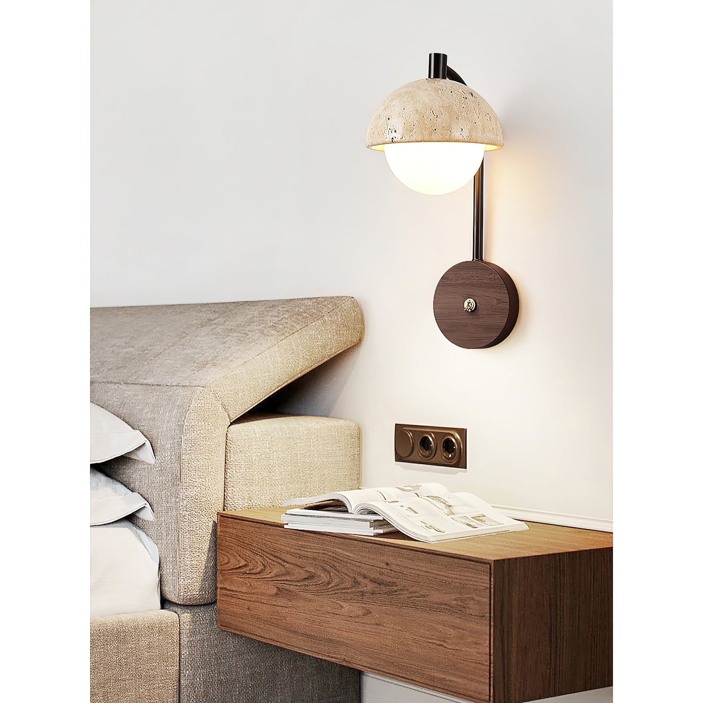Wella Travertine Wall Sconce - Natural Stone & Glass Luxury LED Vanity Light | Modern Organic Bedside Sconce | G9 Base