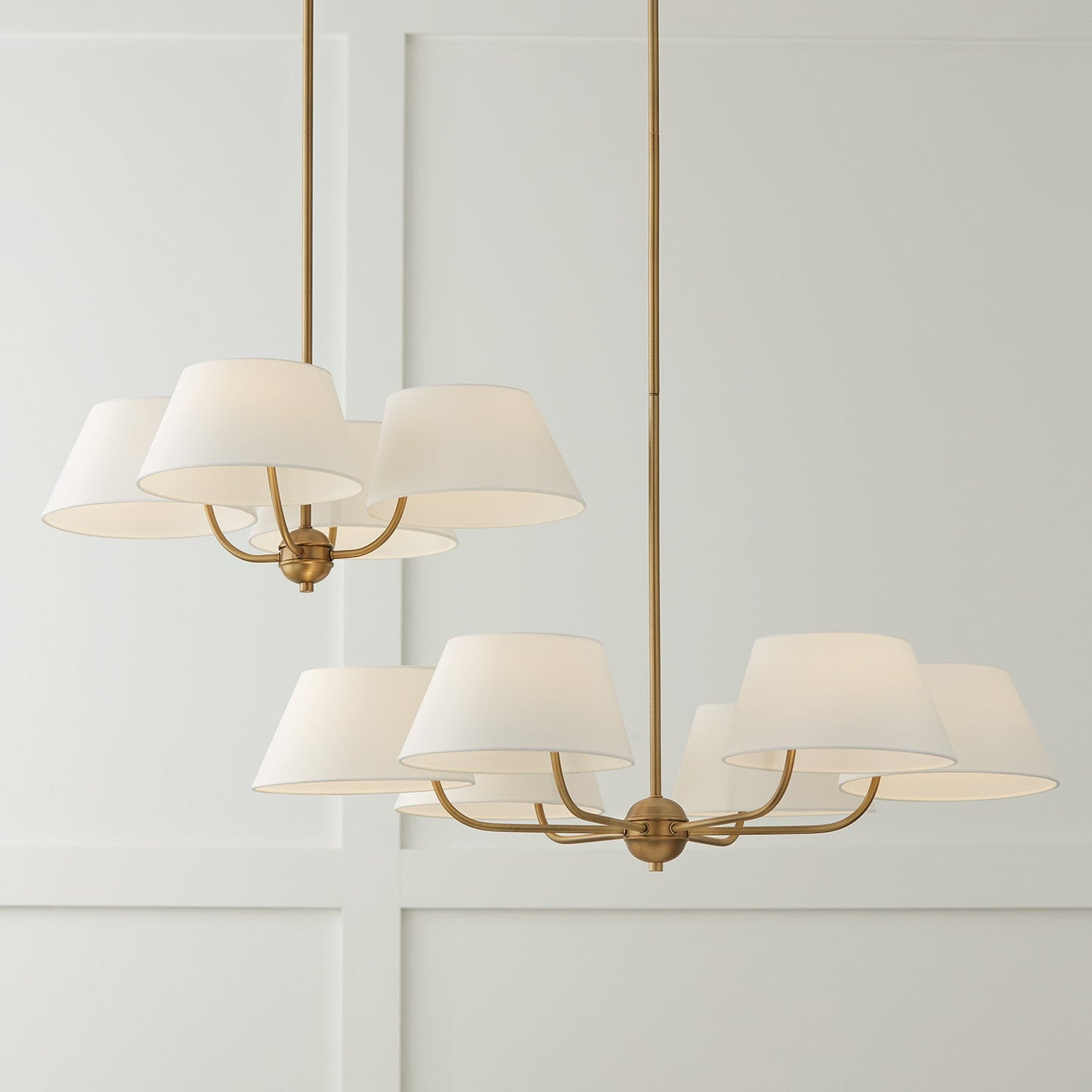 Welsley Two-Tier Brass Chandelier - Luxury White Fabric Angled Shade Pendant | Modern Minimalist Geometric Hanging Light | E12 Base