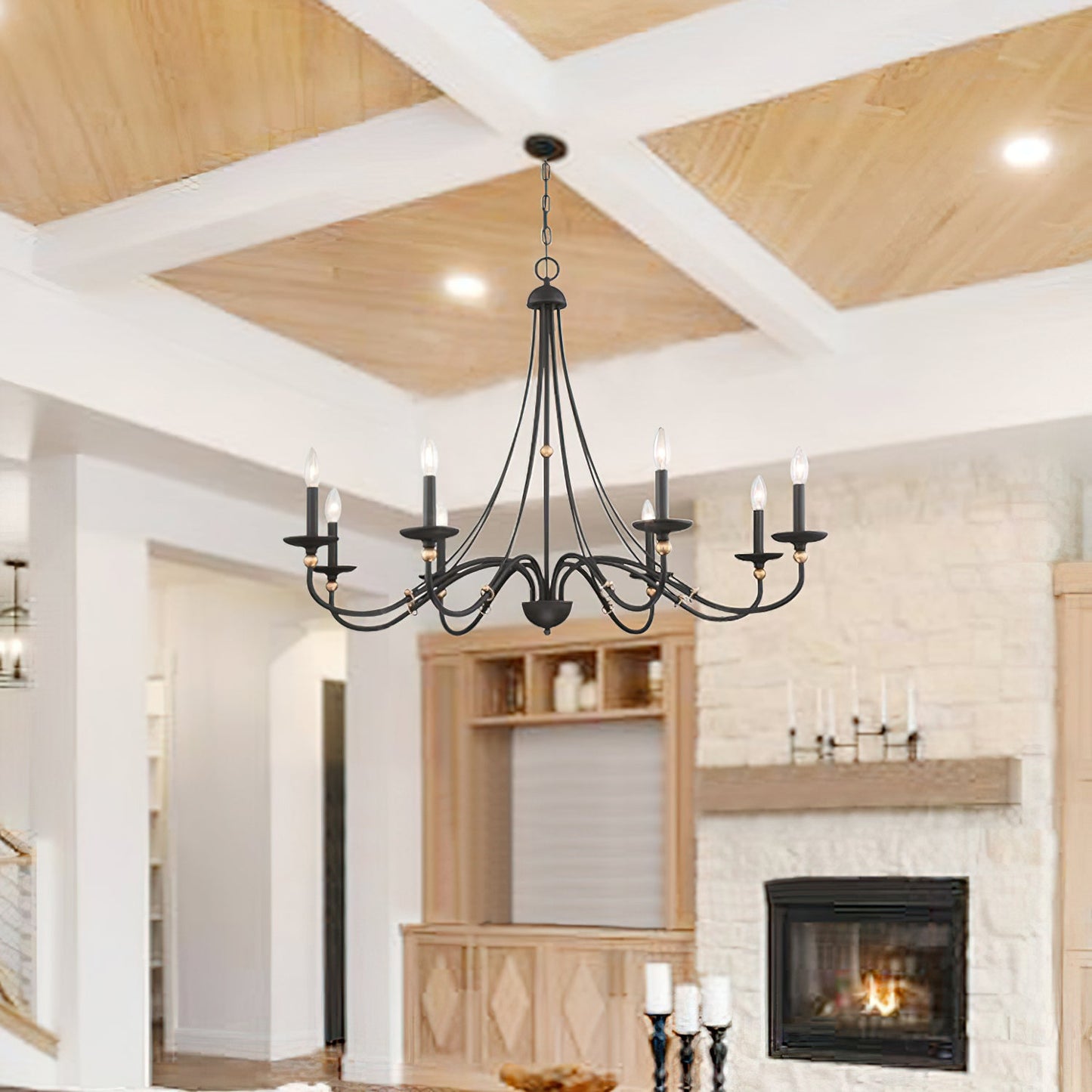 Westchester County Luxury Candle Chandelier - 6 or 8-Light Sand Black & Gold Hanging Pendant | Modern Minimalist Curved Lamp
