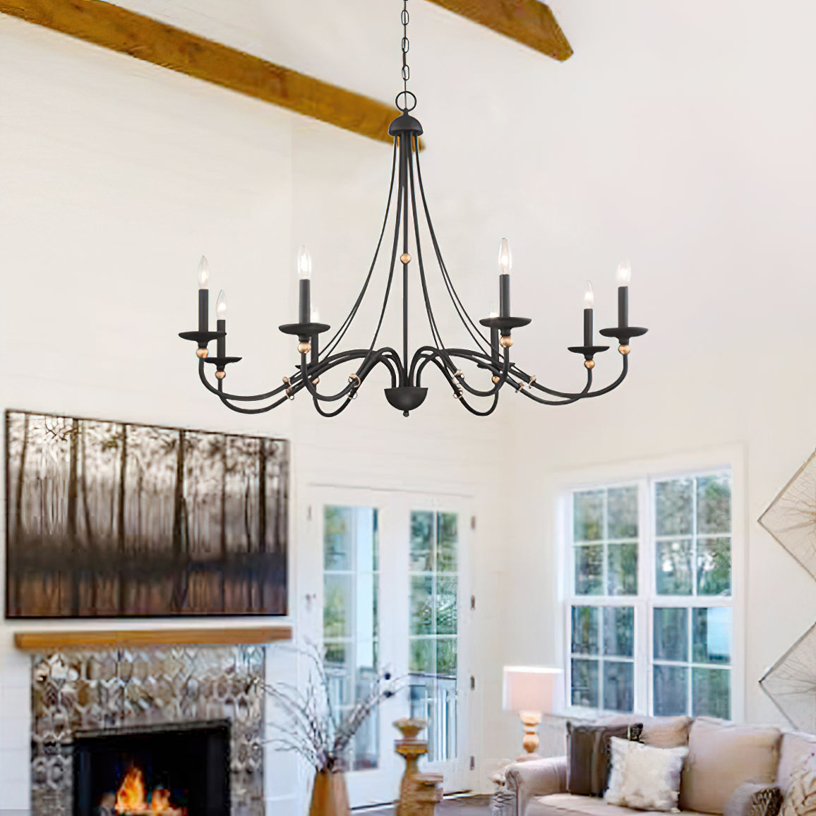 Westchester County Luxury Candle Chandelier - 6 or 8-Light Sand Black & Gold Hanging Pendant | Modern Minimalist Curved Lamp