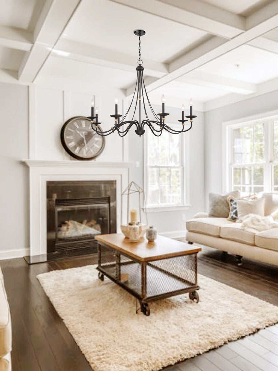 Westchester County Luxury Candle Chandelier - 6 or 8-Light Sand Black & Gold Hanging Pendant | Modern Minimalist Curved Lamp