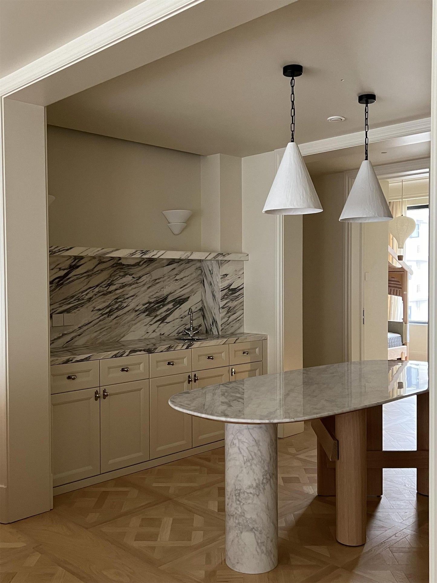 White Plaster Pendant Lamp - Handcrafted Papier-Mache & Venetian Plaster Dome | Minimalist Organic Hanging Light | E26 E27