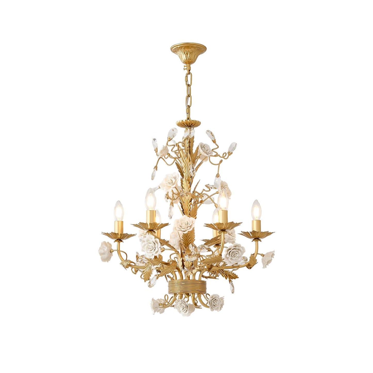 White Rose Crystal Chandelier - Luxury Ceramic Flower & Gold Leaf Hanging Light | 6 or 8-Light French Country Pendant | E12 E14