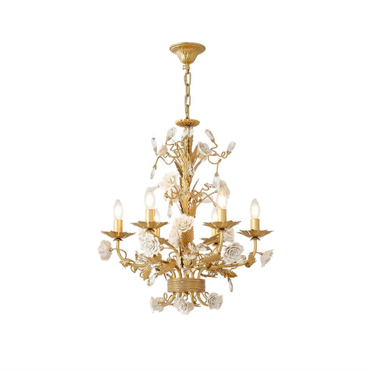 White Rose Crystal Chandelier - Luxury Ceramic Flower & Gold Leaf Hanging Light | 6 or 8-Light French Country Pendant | E12 E14