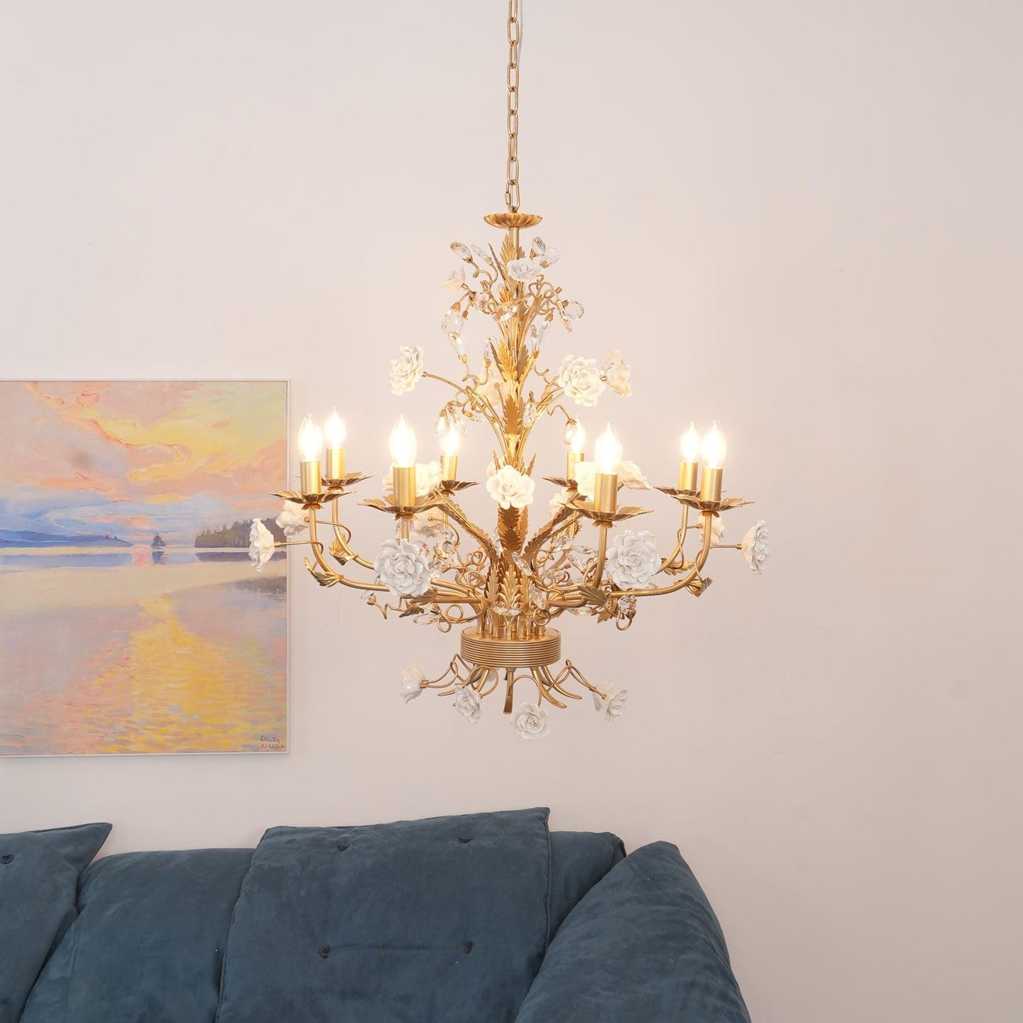 White Rose Crystal Chandelier - Luxury Ceramic Flower & Gold Leaf Hanging Light | 6 or 8-Light French Country Pendant | E12 E14