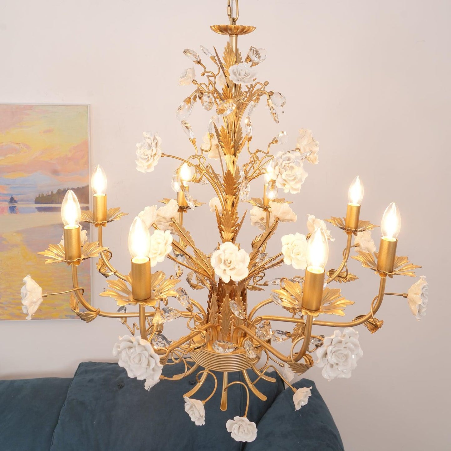 White Rose Crystal Chandelier - Luxury Ceramic Flower & Gold Leaf Hanging Light | 6 or 8-Light French Country Pendant | E12 E14