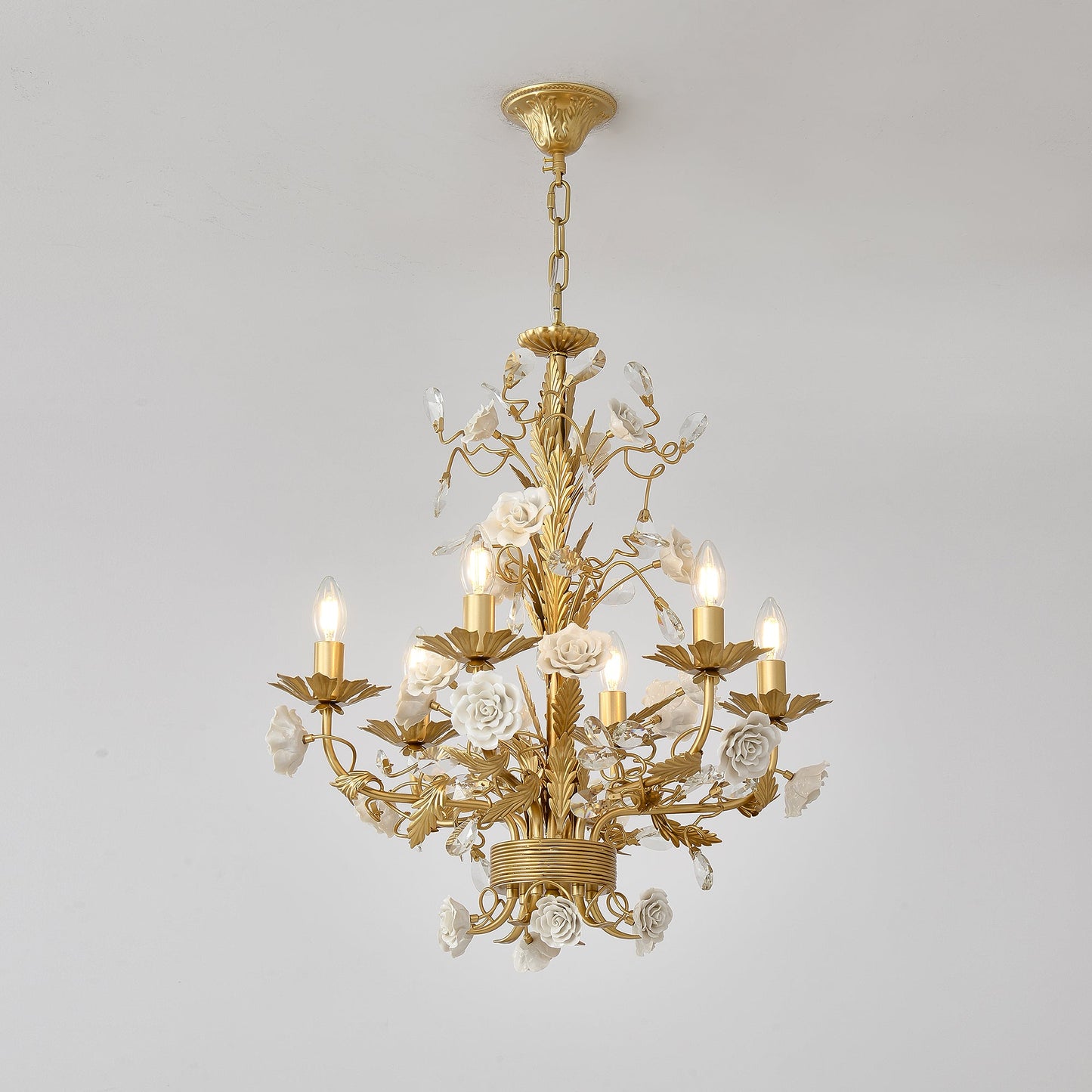 White Rose Crystal Chandelier - Luxury Ceramic Flower & Gold Leaf Hanging Light | 6 or 8-Light French Country Pendant | E12 E14