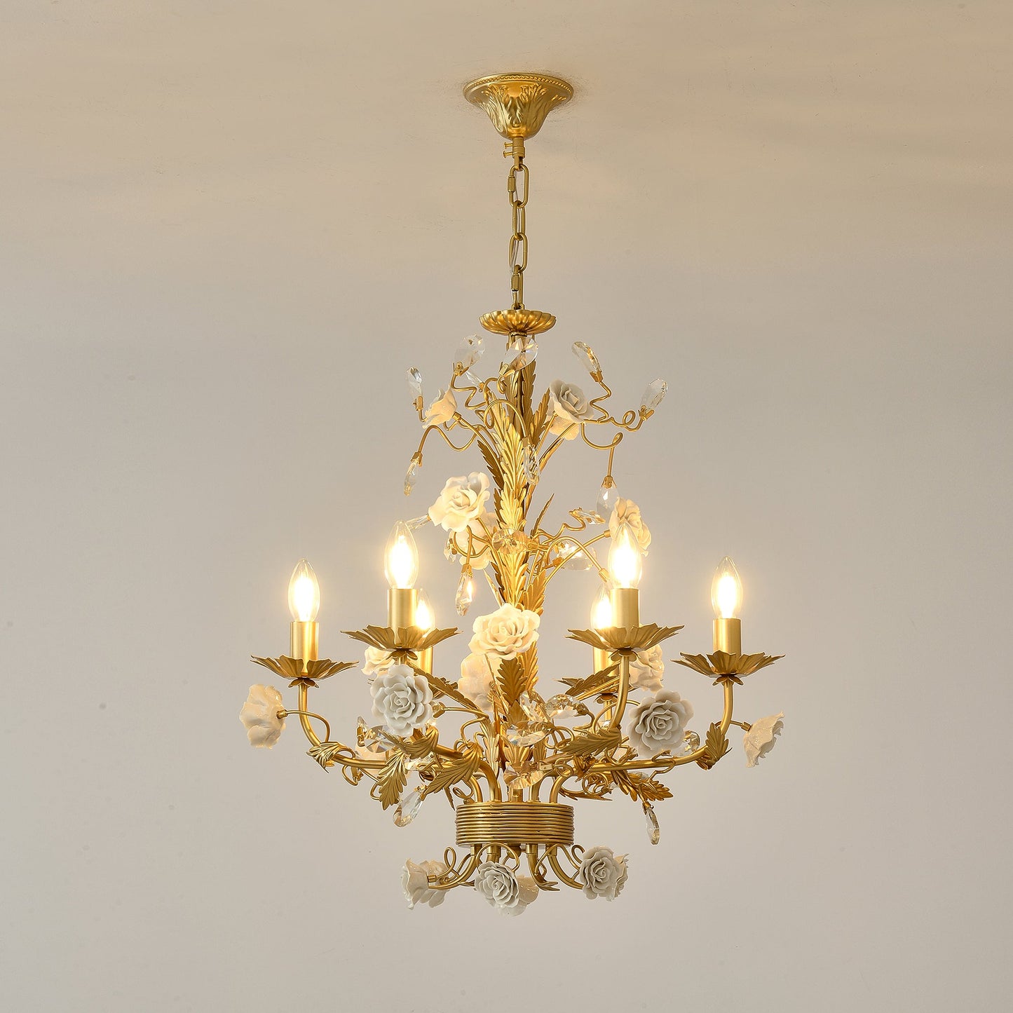 White Rose Crystal Chandelier - Luxury Ceramic Flower & Gold Leaf Hanging Light | 6 or 8-Light French Country Pendant | E12 E14