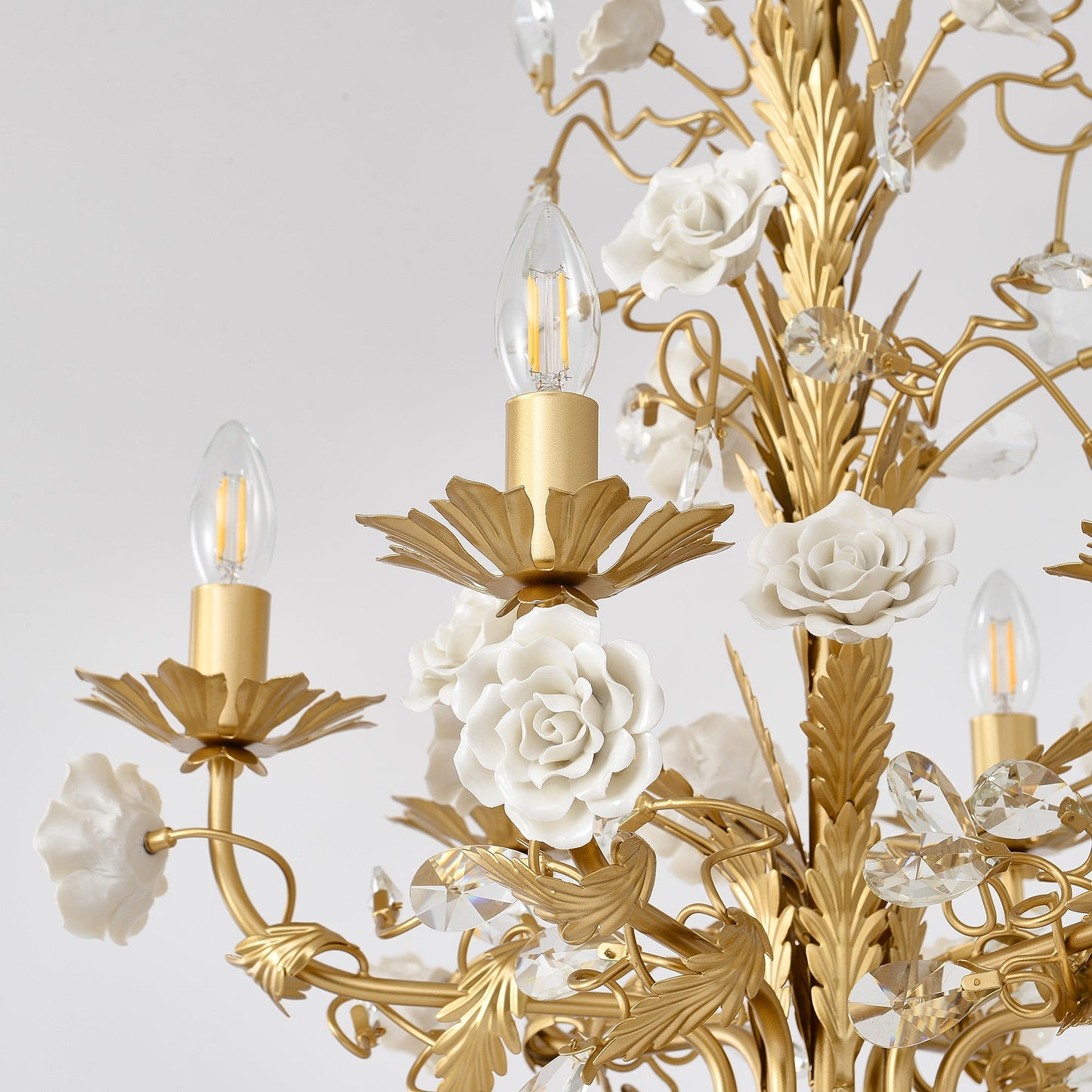 White Rose Crystal Chandelier - Luxury Ceramic Flower & Gold Leaf Hanging Light | 6 or 8-Light French Country Pendant | E12 E14