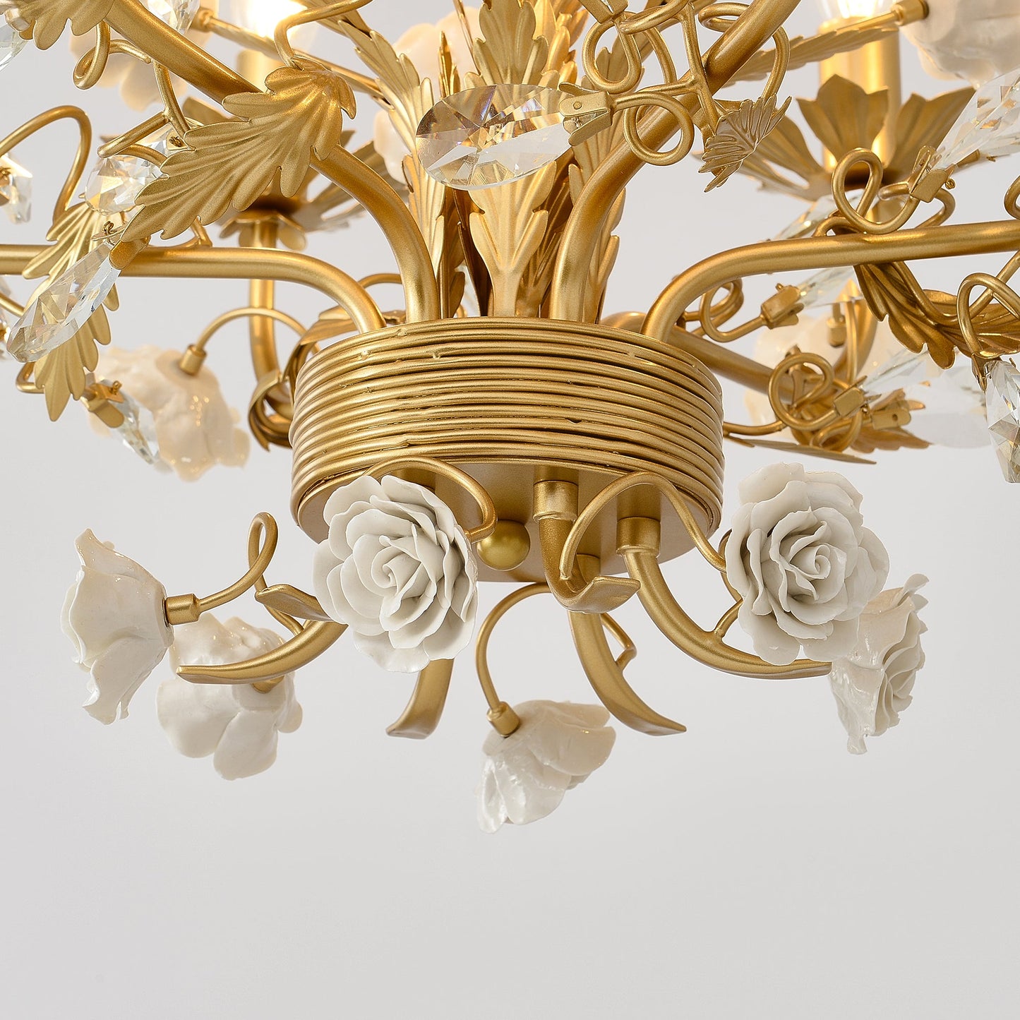White Rose Crystal Chandelier - Luxury Ceramic Flower & Gold Leaf Hanging Light | 6 or 8-Light French Country Pendant | E12 E14