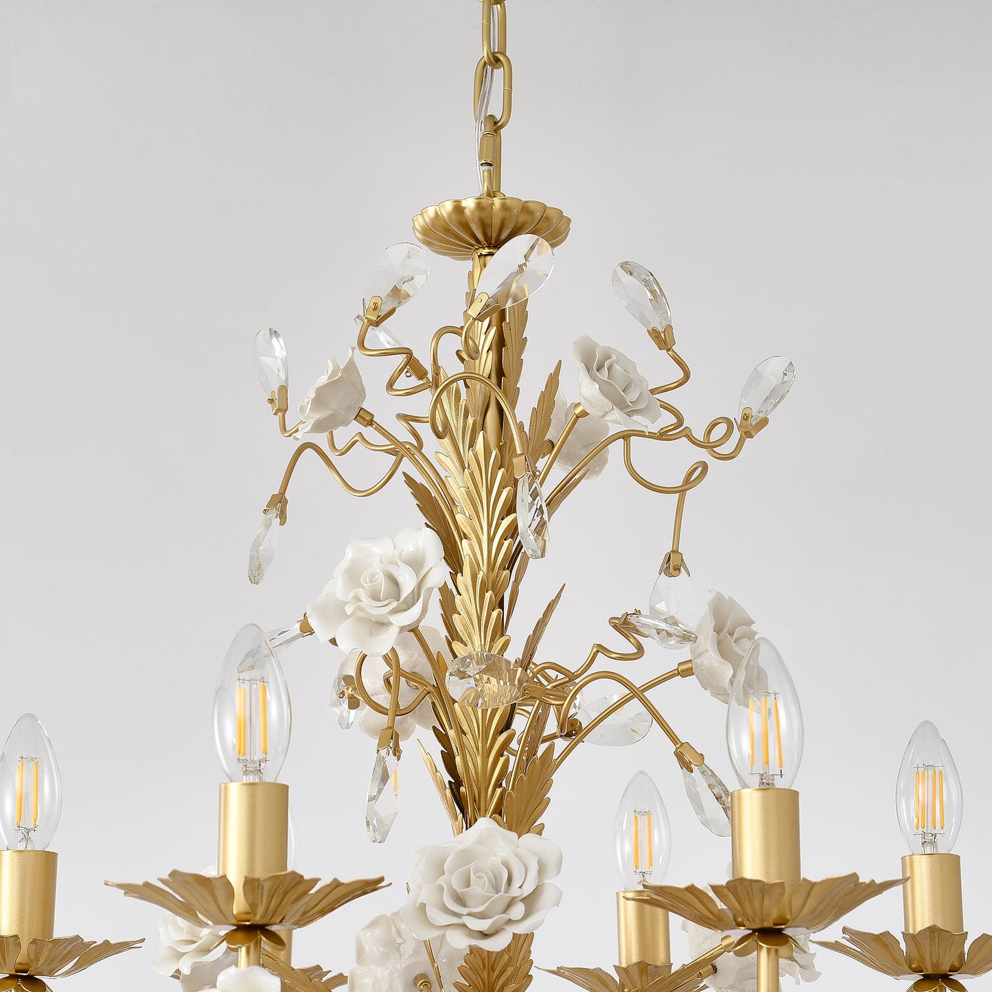 White Rose Crystal Chandelier - Luxury Ceramic Flower & Gold Leaf Hanging Light | 6 or 8-Light French Country Pendant | E12 E14