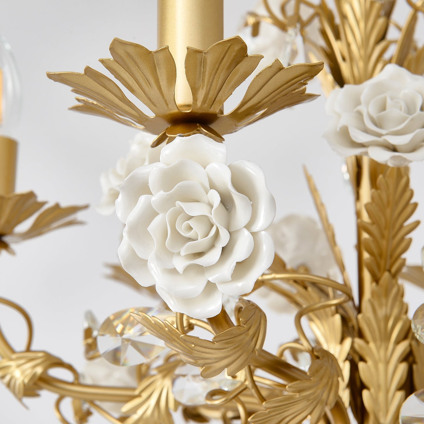 White Rose Crystal Chandelier - Luxury Ceramic Flower & Gold Leaf Hanging Light | 6 or 8-Light French Country Pendant | E12 E14