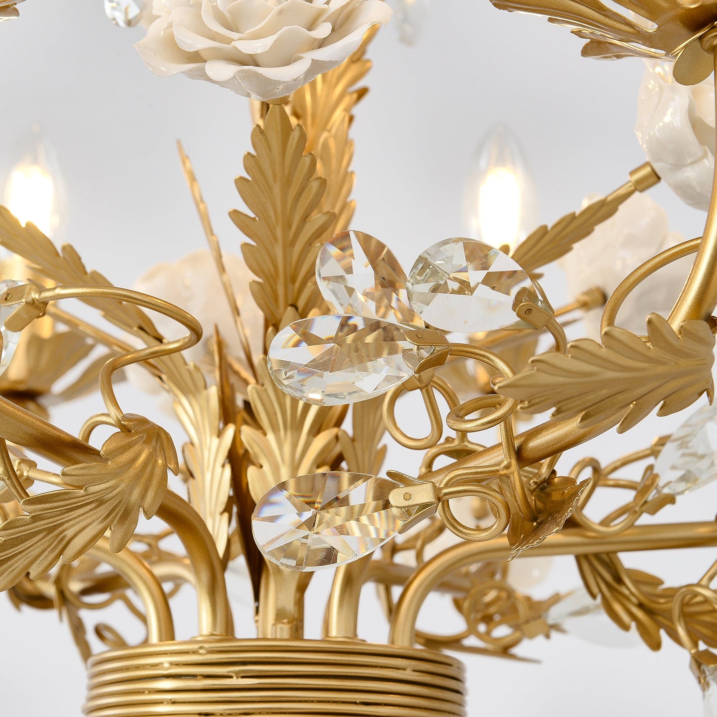 White Rose Crystal Chandelier - Luxury Ceramic Flower & Gold Leaf Hanging Light | 6 or 8-Light French Country Pendant | E12 E14