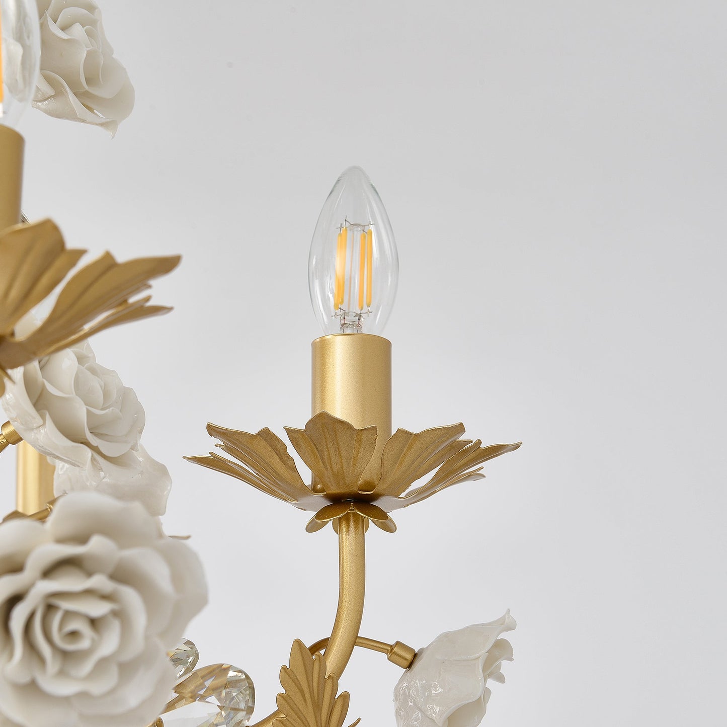 White Rose Crystal Chandelier - Luxury Ceramic Flower & Gold Leaf Hanging Light | 6 or 8-Light French Country Pendant | E12 E14